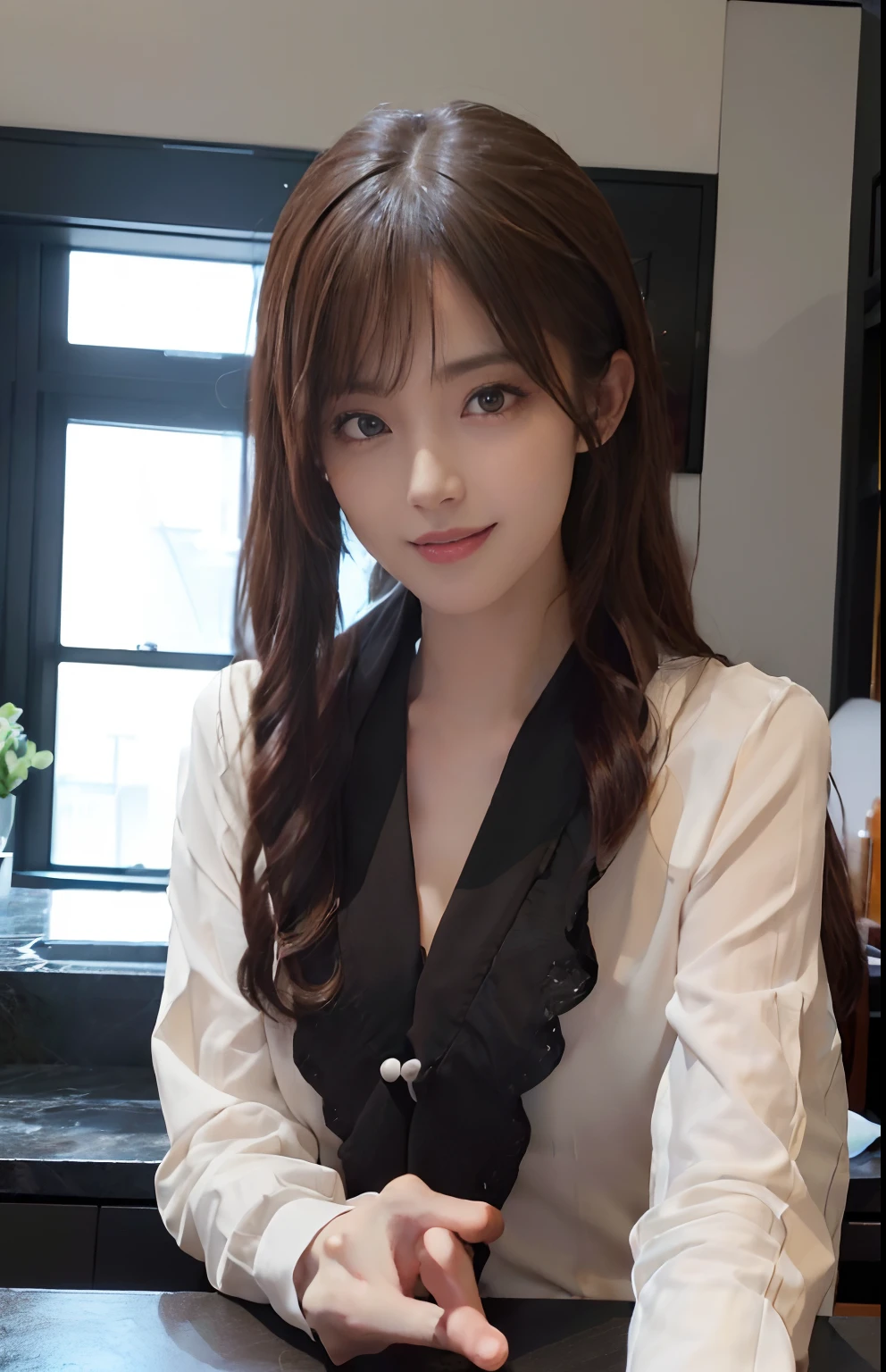 (A hyper-realistic)、(illustratio)、(hight resolution)、(8K)、(ighly detailed)、(Best Illustration)、(beautifully detailed eyes)、(top-quality)、(ultra-detailliert)、(masterpiece)、(wall-paper)、(A detailed face)、独奏、1 girl in、looking at viewert、fine detailed、A detailed face、Dark Bar Counter、in the darkness nigth、deep-shadows、lowkey、pureerosfaceace_v1、A smile、long、Dark blonde shawl straight hair、bangss, 、white shirt