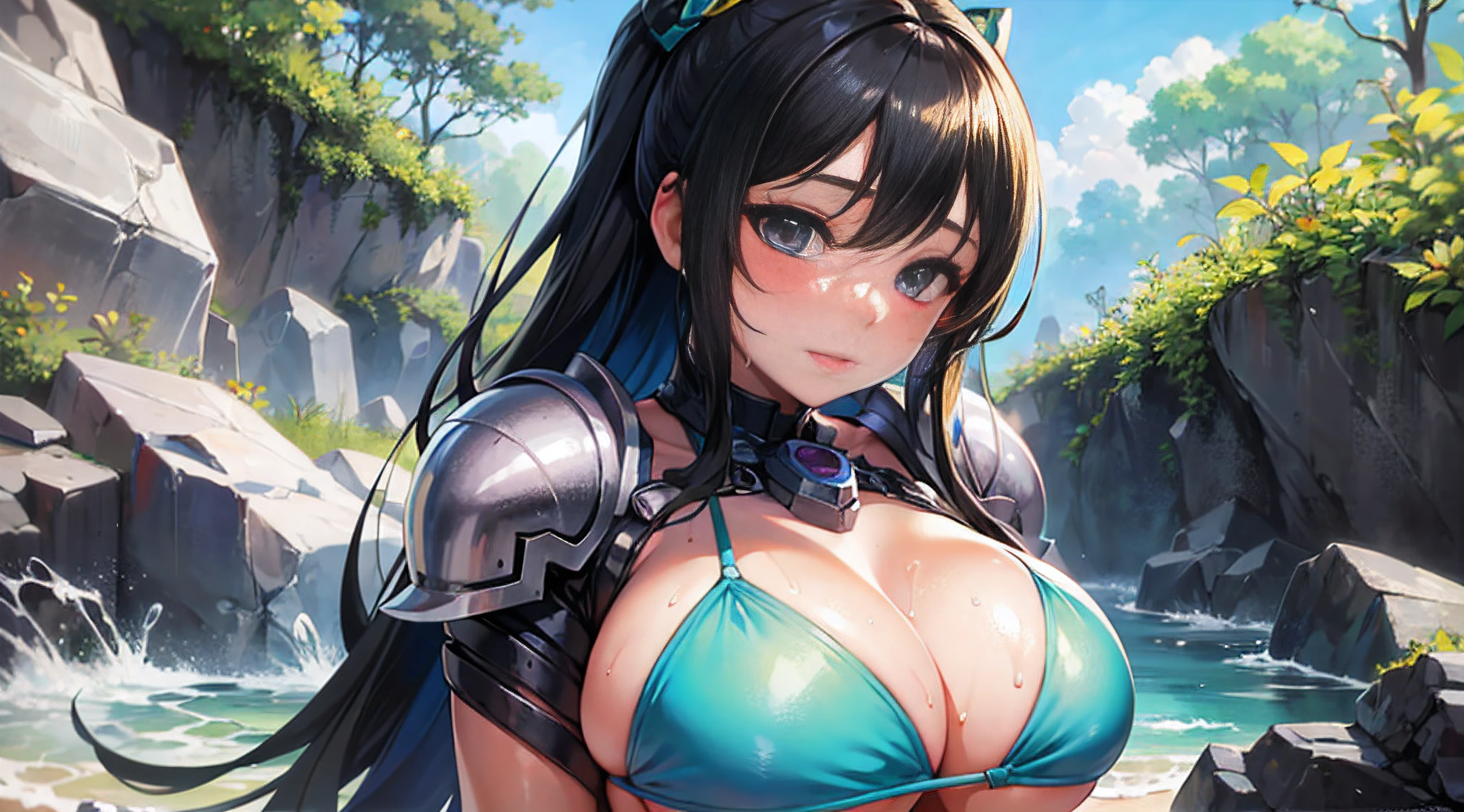 Anime characters taking pictures in bikinis, oppai, realistic bikini, biomechanical oppai, Ecchi, glossy wet skin!!, tensei shitara slime datta ken, Ecchi anime style, hot and sunny, Seductive Anime Girl, Chest covered, SFW, Realistic Young Gravure Idol, bikini-armor
