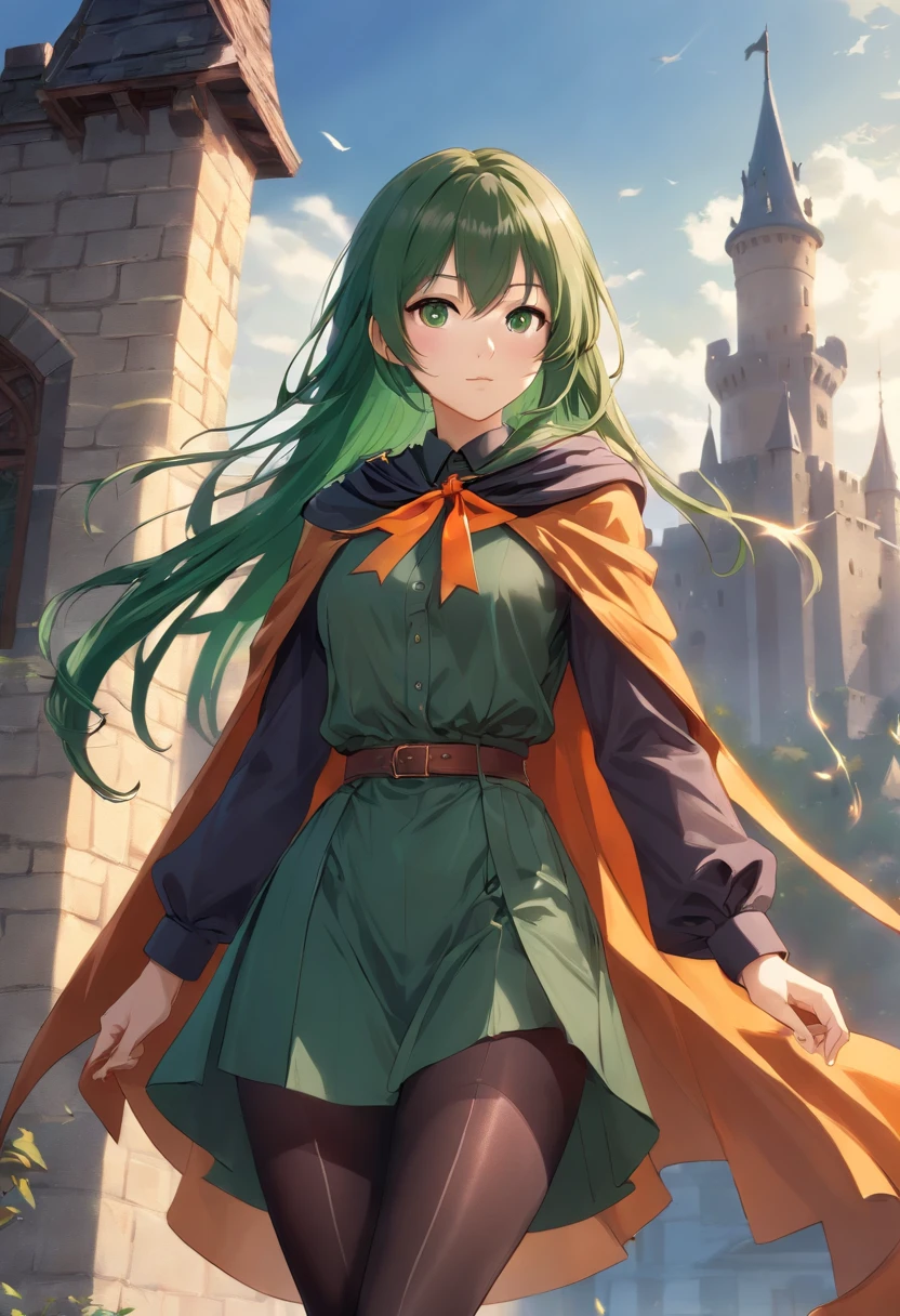masutepiece, ultra-detailliert, 8K Portrait, Raw photo, a portrait photo of, Highly detailed face, beautiful and meticulous eyes, ((Fantasy)), Young beautiful, 22 years old, Dynamic Pose, (((long straight deep green hair))), ((One side is braided with an orange hair ribbon)), Blunt bangs, White skin color, Luxury, Hooded (((Dark brown))) (((Silk Long Cloak))) Fluttering in the wind, (((dress shirts))), (((Silk Long Skirt))), Leather corset, (((Dark Thigh High Tights))), High Cut Leather Boots, ((Lift a long magic wand)), Midday Sun, Hyper realistic, Body model, Small breasts, Beautiful breasts, Long legs, in a castle, Ambient lighting, Shadow details , Camera focus on thigh, strong breeze, Light fog