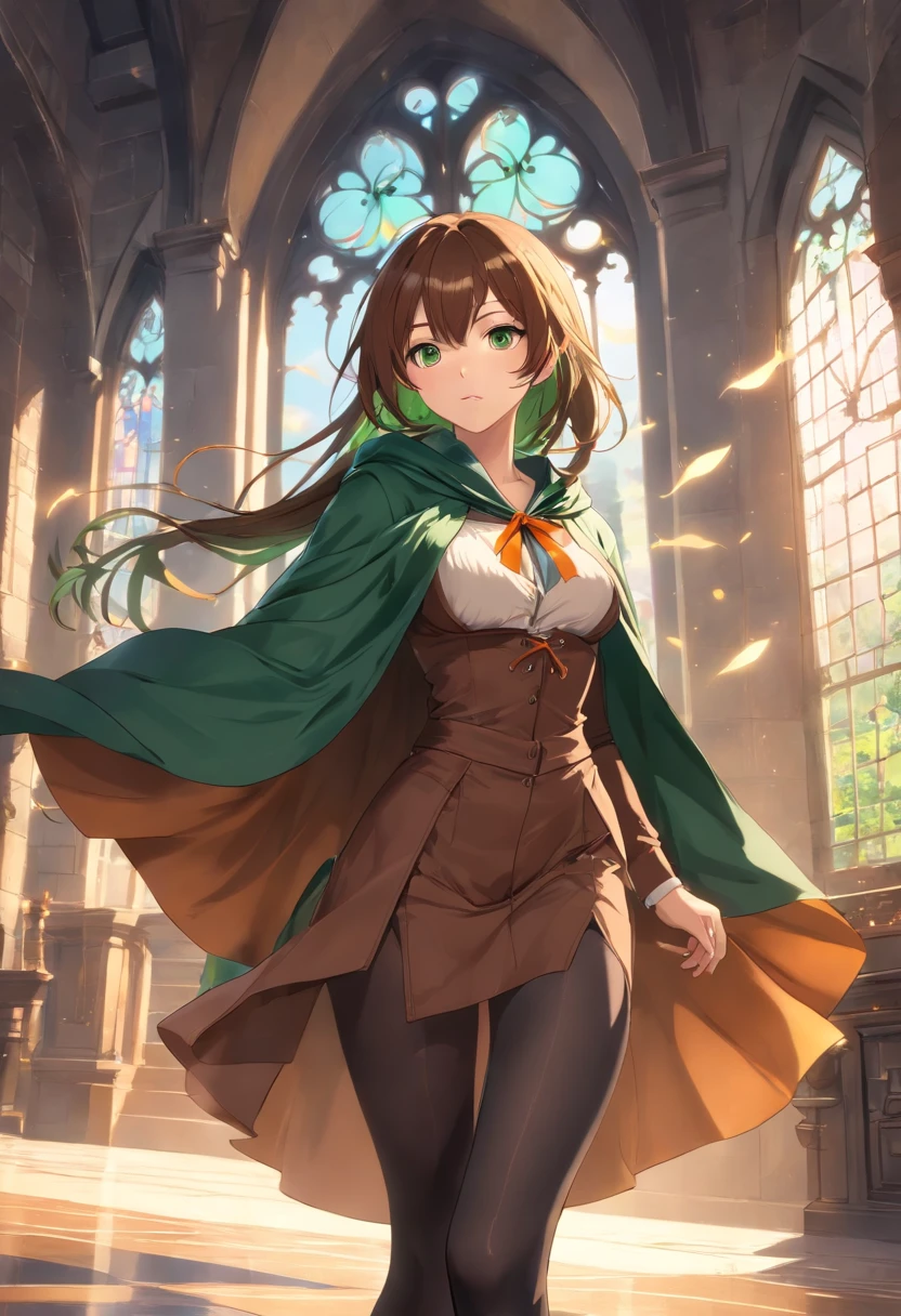 masutepiece, ultra-detailliert, 8K Portrait, Raw photo, a portrait photo of, Highly detailed face, beautiful and meticulous eyes, ((Fantasy)), Young beautiful, 22 years old, Dynamic Pose, (((long straight deep green hair))), ((One side is braided with an orange hair ribbon)), Blunt bangs, White skin color, Luxury, Hooded (((Dark brown))) (((Silk Long Cloak))) Fluttering in the wind, (((dress shirts))), (((Silk Long Skirt))), Leather corset, (((Dark Thigh High Tights))), High Cut Leather Boots, ((Lift a long magic wand)), Midday Sun, Hyper realistic, Body model, Small breasts, Beautiful breasts, Long legs, in a castle, Ambient lighting, Shadow details , Camera focus on thigh, strong breeze, Light fog