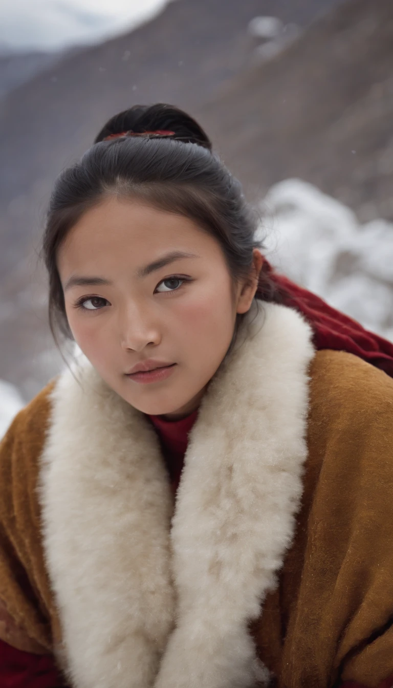 Tibetten cute girl,Tibetan snow ,1970's,White smoke,Full of movement ,hasselblatt,National Geographic photo,Semi-body shot, high-quality photo