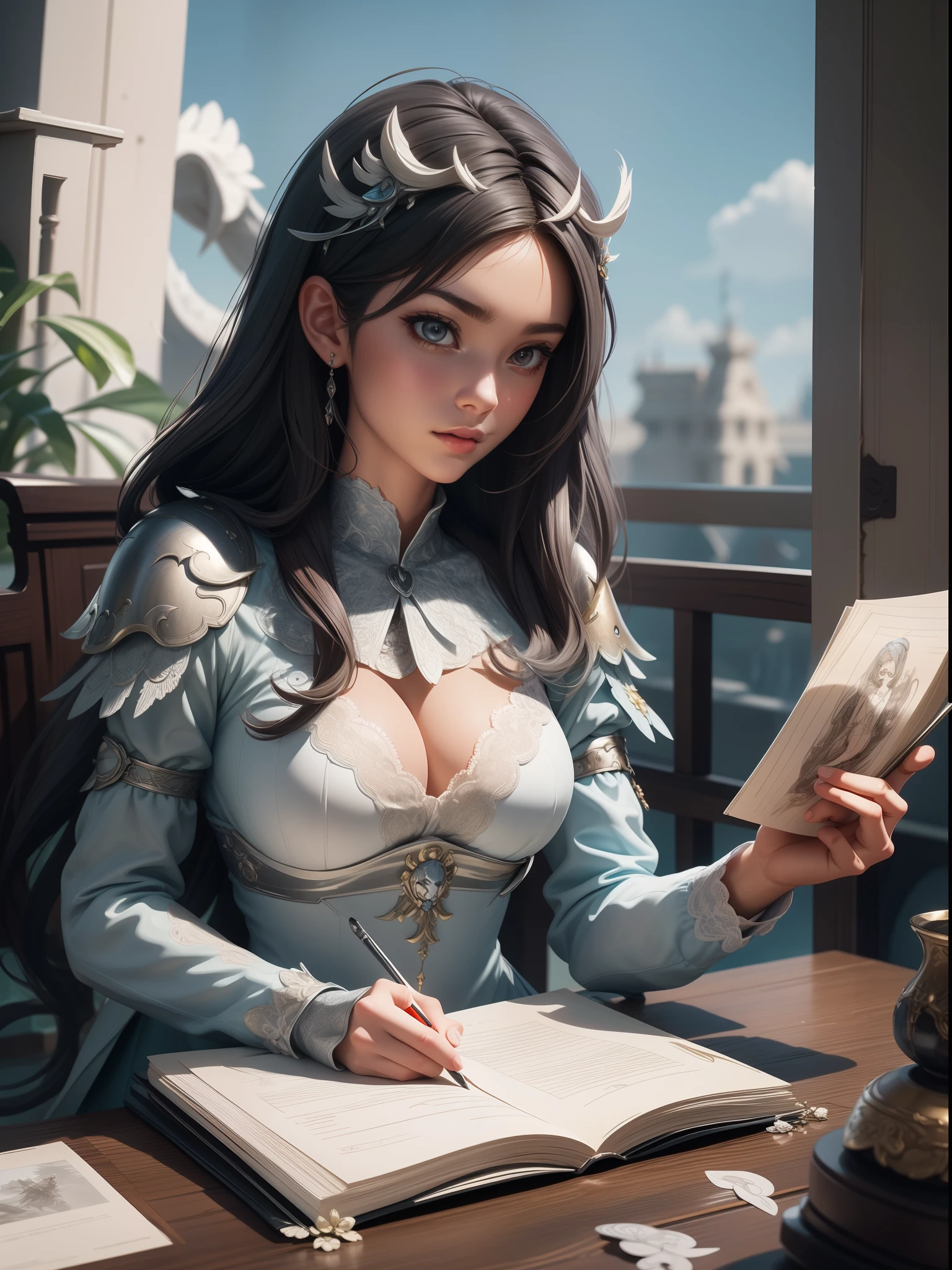 Silver hair,hentail realism, shadowing,,character sheets, reference sheet, Standing painting, 8K, Super detail, 1080p, Women's HD,femele, 16k, high resolution, Best quality, High quality, Anatomically correct, Masterpiece, ccurate, hyper HD,As graceful as a swan,unreal-engine, Ghibli-like colors, anime big breast, Standing painting, angle of view,battle armor,ssee-through,Lace skirt,Fluorescence behind it,showing belly,Red infracing