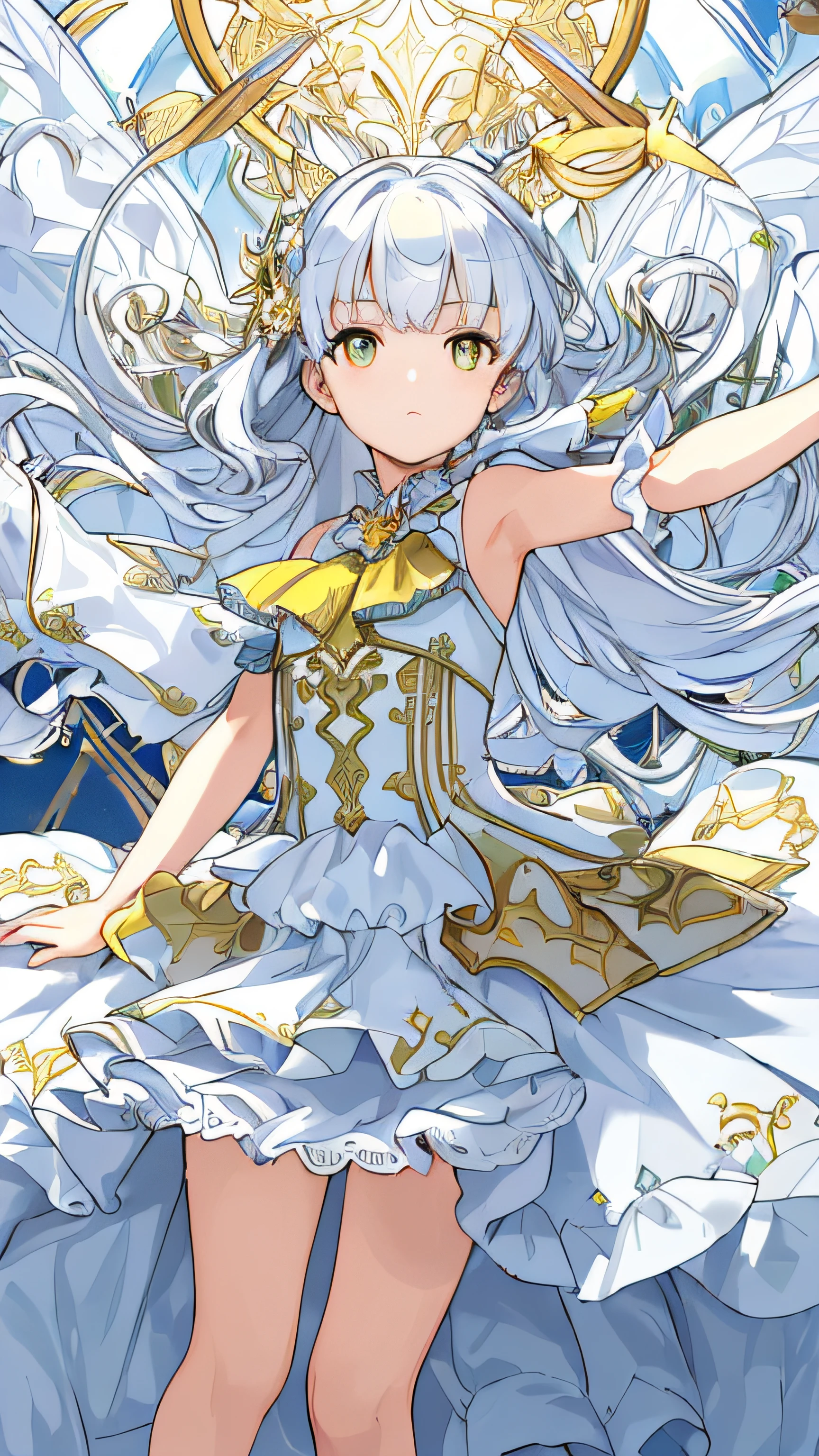 (((Masterpiece))),(((best qualtiy))),((Ultra-detailed)),(illustration),((anextremelydelicateandbeautiful)),dynamic angle,Floating,(beatiful detailed eyes),(detailedlight) (6year old girl), Solo, Floating_Hair,glowing light eyes,whaite hair,yellow-eyed, double tails, halterdress, atdan, Golden white background,