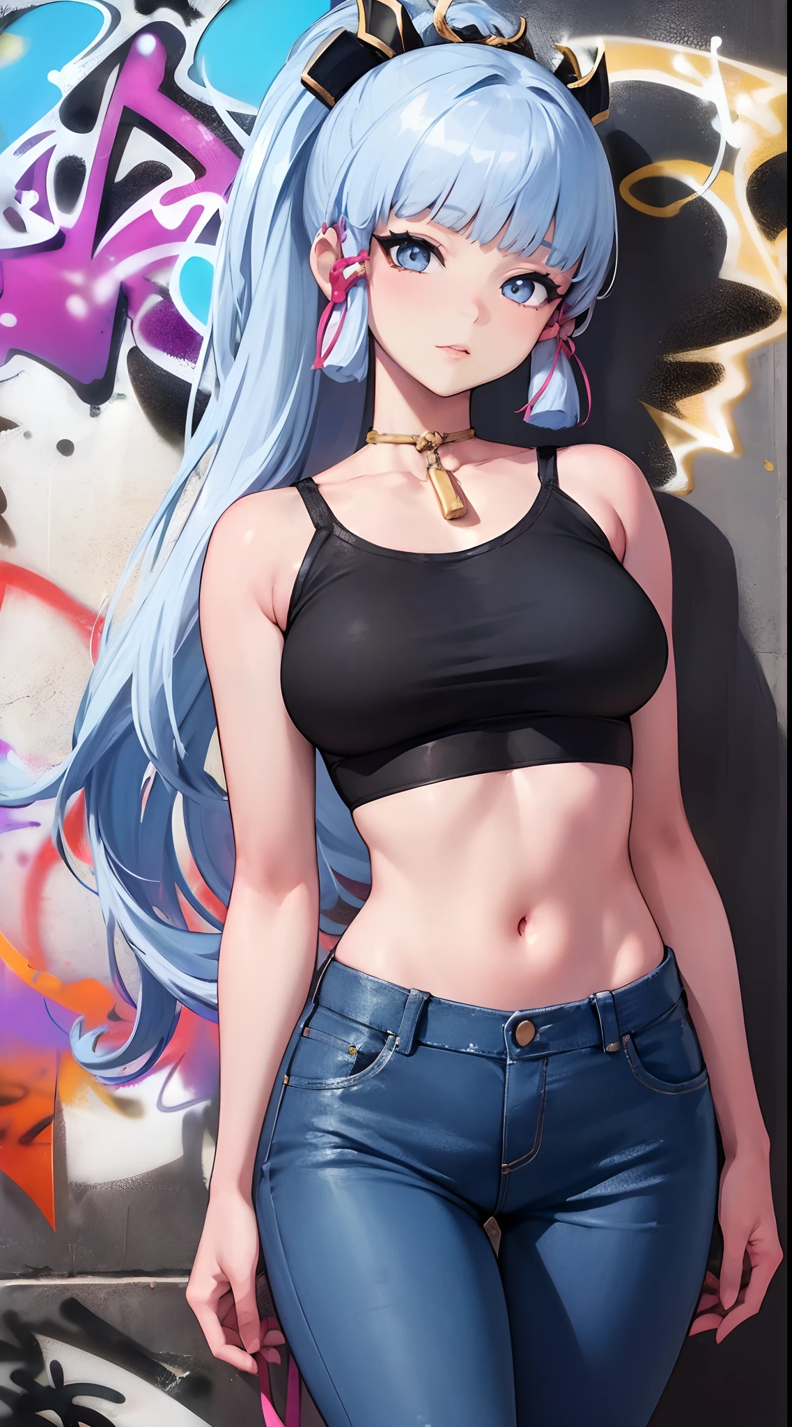 kamisato ayaka|genshin impact, master-piece, bestquality, 1girls,25 years old, proportional body, elongated legs, Beautiful, proportional., crop top, Long Jeans, mediuml breasts, ,bara, crop top, choker, (Graffiti:1.5), Splash with purple lightning pattern., arm behind back, against wall, View viewers from the front., Thigh strap, Head tilt, bored,(NSTDA.:1.2), (10, beste-Qualit, master-piece: 1.4), Beautiful red hair, ultra-high resolution, (lifelike, photorealistic portrait: 1.48), 20 age, Cute Girl, (Looking Through Crop Tops.), Famous Japanese actors, beautiful clear eyes, Head tilt, cowboy shot, from the front, looking at the audience, expressionless, Beautiful lake, Zeiss 150mm F/ 2.8 Hasselblad, Whole body, foot, Ultra-Wide Angle,