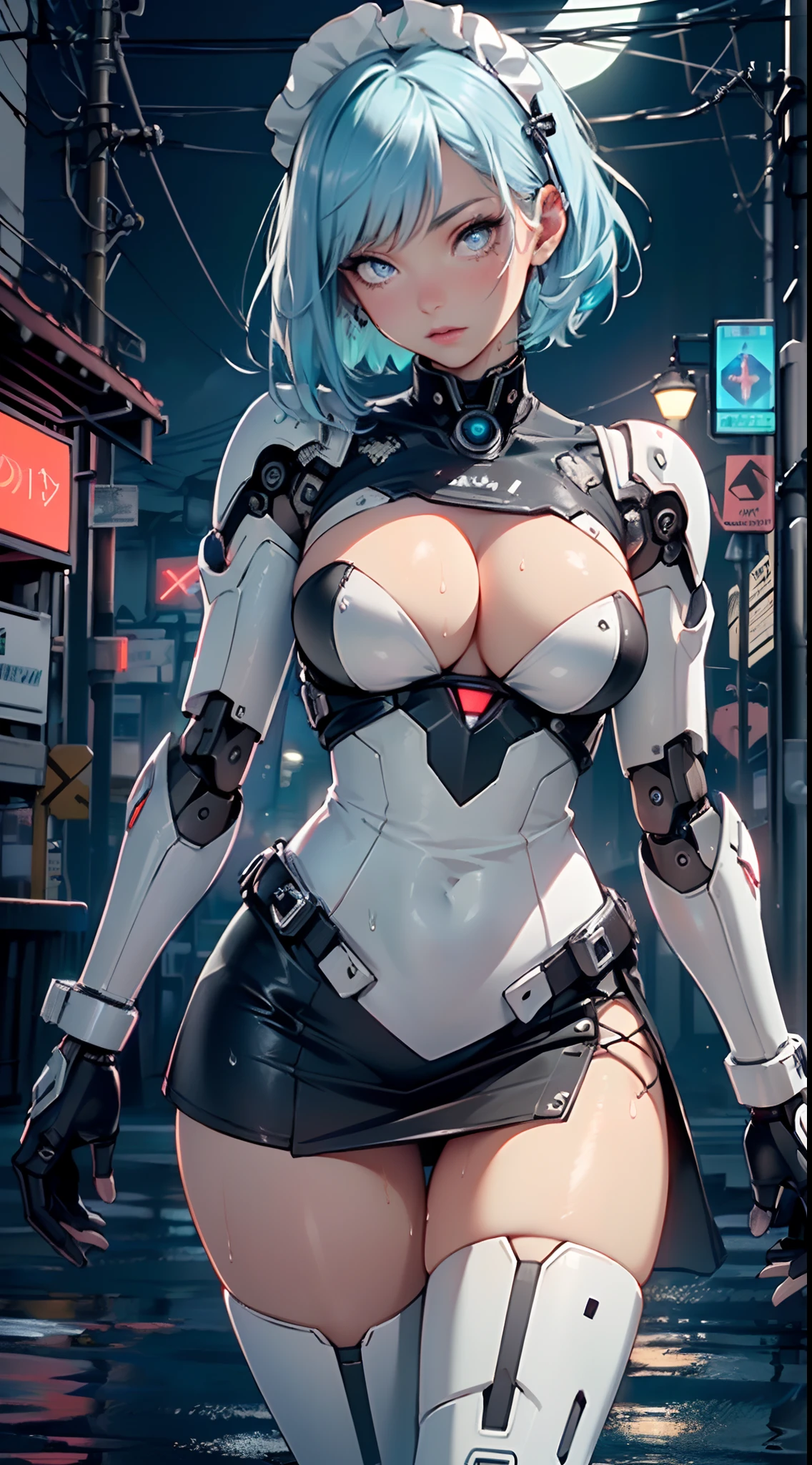 reelmech,(cyborg girl),(cyborg girl:1.5),maid android,(((1girl))),((mechanical robot girl with extremely cute and beautiful pale blue hair)),
(large breasts:1.4),saggy breasts,(((pale blue bob hair:1.35,colored inner hair,short hair,ear breathing))),(((doll))) ,((pale white skin,doll joints:1.5,mechanical hands:1.5)),((silver armored dress,tesla coils)),((maid mechanical doll:1.5,body of a machine:1.5,metallic skin,ball joint,cyborg:1.5, robotic parts:1.5,robot:1.5,mechanical joints: 1.4,mechanical limbs)),(((pale_blue_eyes:1.3))),intricate eyes,beautiful detailed eyes,symmetrical eyes,((fat)),(((lustrous skin:1.5,bright skin: 1.5,shiny skin,very shiny skin,shiny body,plastic glitter skin,exaggerated shiny skin,illuminated skin, wet legs))),(spider lower abdomen,narrow waist,wide hip,detailed body,(detailed face)),
cute,slutty,seductive,erotic,(((nsfw))),
(maid headdress),bare_shoulders,delicate metal decorations,Headdress,(maid),sleeveless,miniskirt,boots,cleavage_cutout,bare_legs,((wet clothes,intricate outfit,intricate clothes,intricate details)),
(dynamic pose:1.0),embarrassed,(centered,scale to fit dimensions,Rule of thirds),
cyberpunk city by the ocean at night, with bright neon signs and dark stormy clouds and puddles, scenery:1.25,
artistic photography,(photography taken by sldr),highres, sharp focus, (ultra detailed, extremely detailed), (photorealistic artwork:1.37),(extremely detailed CG unity 8k wallpaper),((synthwave background theme)),(((vibrant colors))),(intricate background),(masterpiece),(best quality),