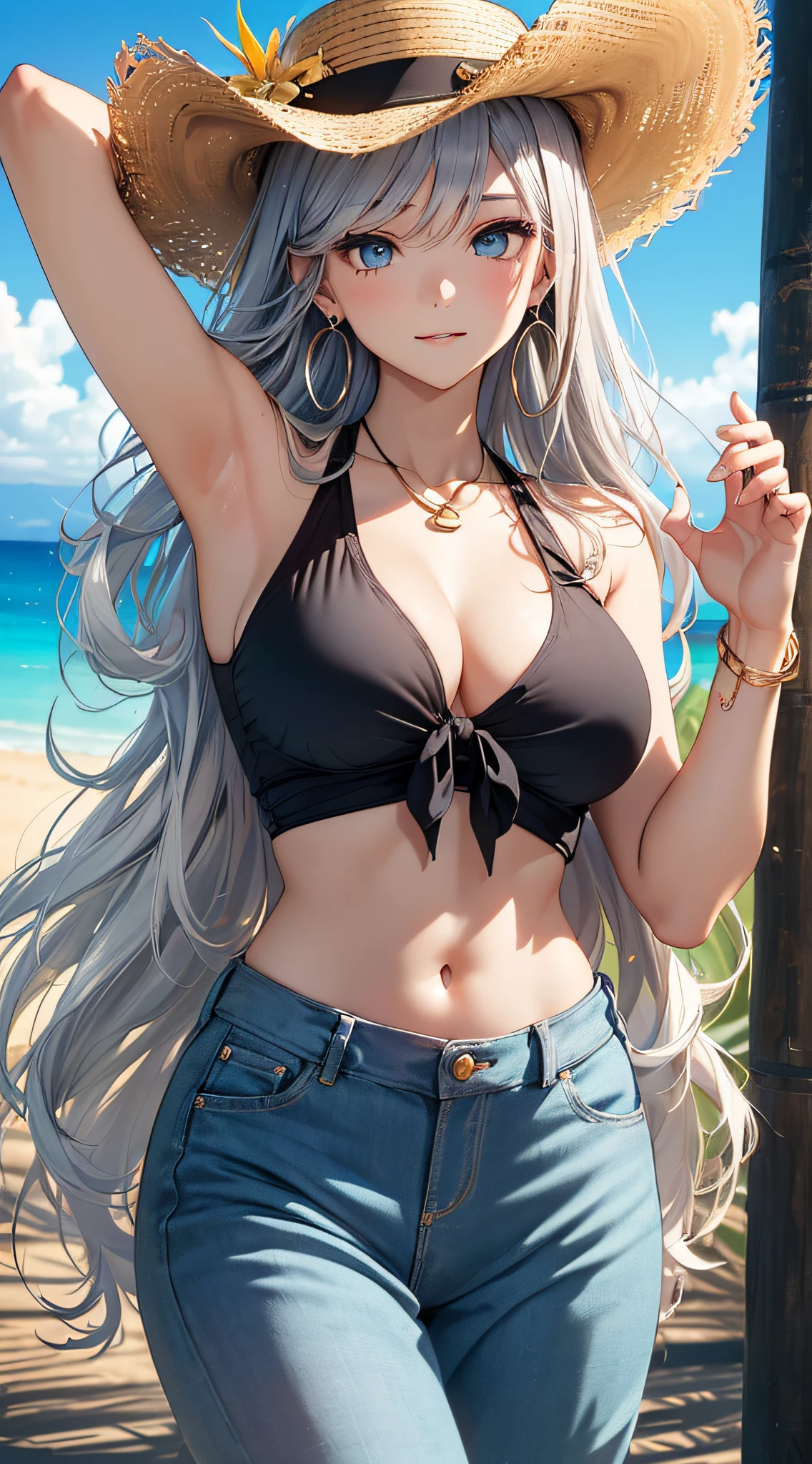 top-quality、Top image quality、masterpiece、girl with((18year old、 Beautiful Aloha Shirts、White navel tank top、Black vest、Blue long trousers、Best Bust、Bust 85、a blond、Semi-long、Cowboy Hat、Blue eyes、open chest wide、Valley、Happiness、A slender、Shy face、Gold Earrings、Silver keychain at waist....、Seduction poses、reaching out her hands、Straighten your back))hiquality、Beautiful Art、Background with((Beautiful sunny beaches in Hawaii))、masutepiece、Elaborate design、visualart