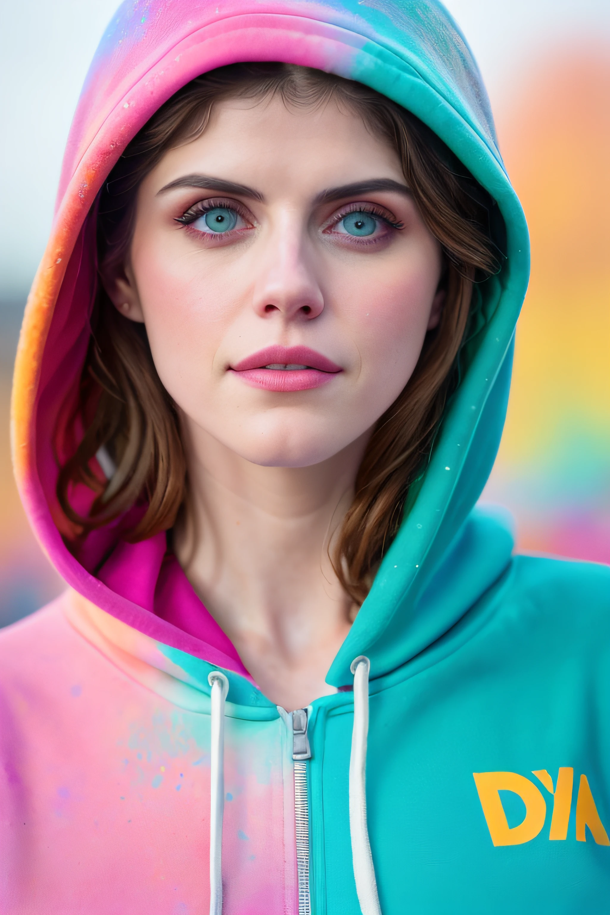 beautiful Alexandra Daddario , wearing hoodie, looking at viewer, holi color festival, portrait, hyper detailed  POV, by lee jeffries, nikon d850, film stock photograph ,4 kodak portra 400 ,camera f1.6 lens ,rich colors ,hyper realistic ,lifelike texture, dramatic lighting , cinestill 800,