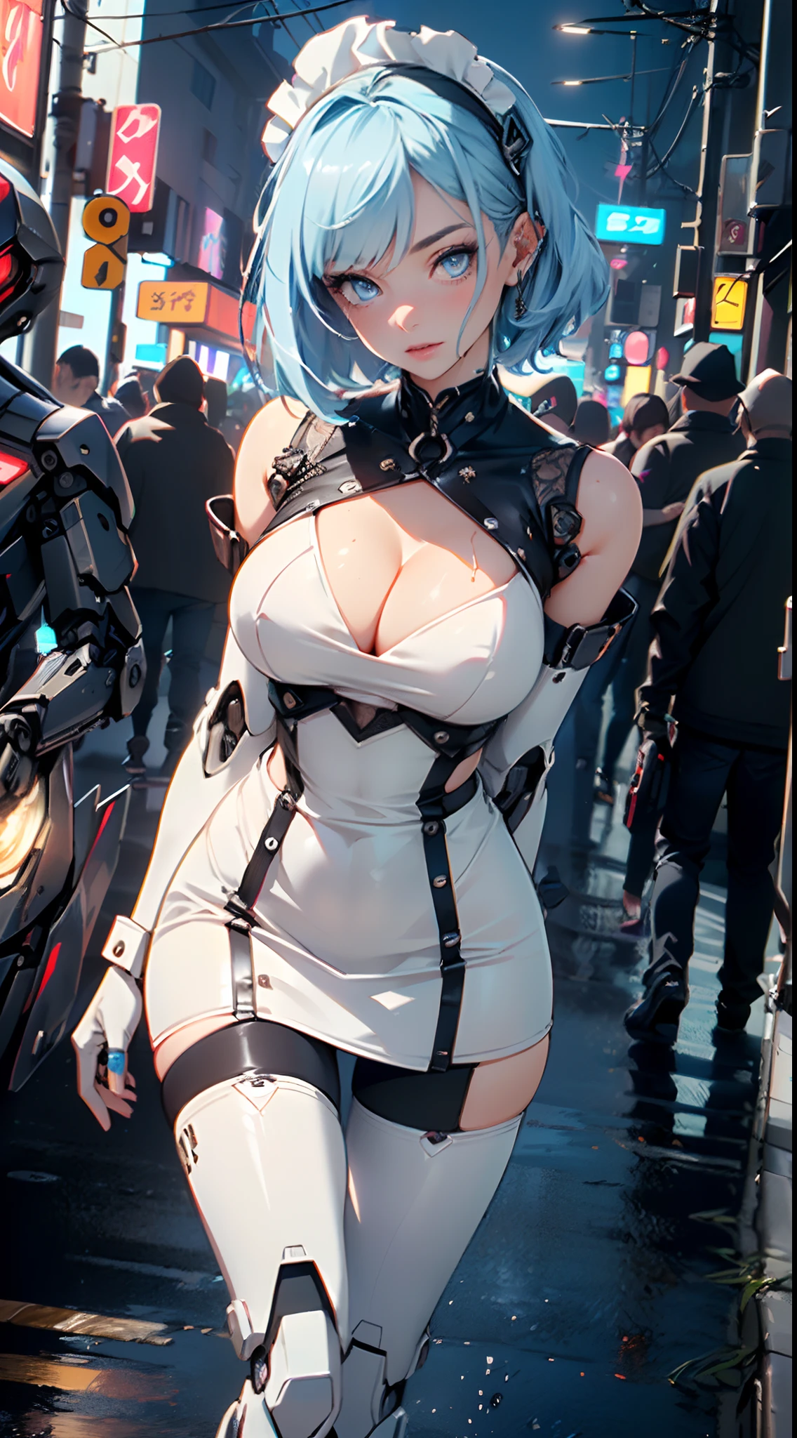reelmech,(cyborg girl),(cyborg girl:1.5),maid android,(((1girl))),((mechanical robot girl with extremely cute and beautiful pale blue hair)),
(large breasts:1.4),saggy breasts,(((pale blue bob hair:1.35,colored inner hair,short hair,ear breathing))),(((doll))) ,((pale white skin,doll joints:1.5,mechanical hands:1.5)),((silver armored dress,tesla coils)),((maid mechanical doll:1.5,body of a machine:1.5,metallic skin,ball joint,cyborg:1.5, robotic parts:1.5,robot:1.5,mechanical joints: 1.4,mechanical limbs)),(((pale_blue_eyes:1.3))),intricate eyes,beautiful detailed eyes,symmetrical eyes,((fat)),(((lustrous skin:1.5,bright skin: 1.5,shiny skin,very shiny skin,shiny body,plastic glitter skin,exaggerated shiny skin,illuminated skin, wet legs))),(spider lower abdomen,narrow waist,wide hip,detailed body,(detailed face)),
cute,slutty,seductive,erotic,(((nsfw))),
(maid headdress),bare_shoulders,delicate metal decorations,Headdress,(maid),sleeveless,miniskirt,boots,cleavage_cutout,bare_legs,((wet clothes,intricate outfit,intricate clothes,intricate details)),
(dynamic pose:1.0),embarrassed,(centered,scale to fit dimensions,Rule of thirds),
cyberpunk city by the ocean at night, with bright neon signs and dark stormy clouds and puddles, scenery:1.25,
artistic photography,(photography taken by sldr),highres, sharp focus, (ultra detailed, extremely detailed), (photorealistic artwork:1.37),(extremely detailed CG unity 8k wallpaper),((synthwave background theme)),(((vibrant colors))),(intricate background),(masterpiece),(best quality),