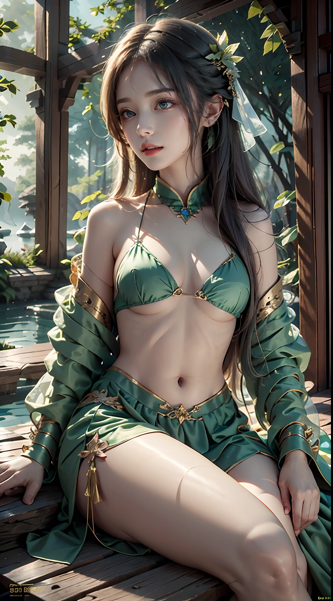 1 20-year-old girl, fairy princess, green clothes, nature clothes, nature panorama, sweet, beauty gril, twin sister.