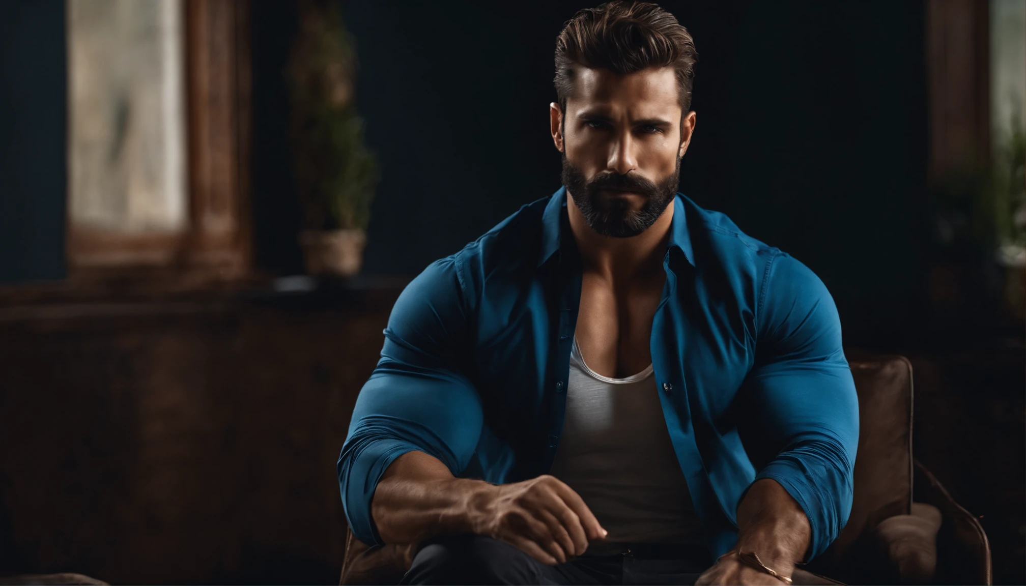 (the best quality,8k,Realstic),bel homme,Barbe abondante,macho,yeux bleus,cheveux bruns,bons muscles,corps entier,sur la chemise