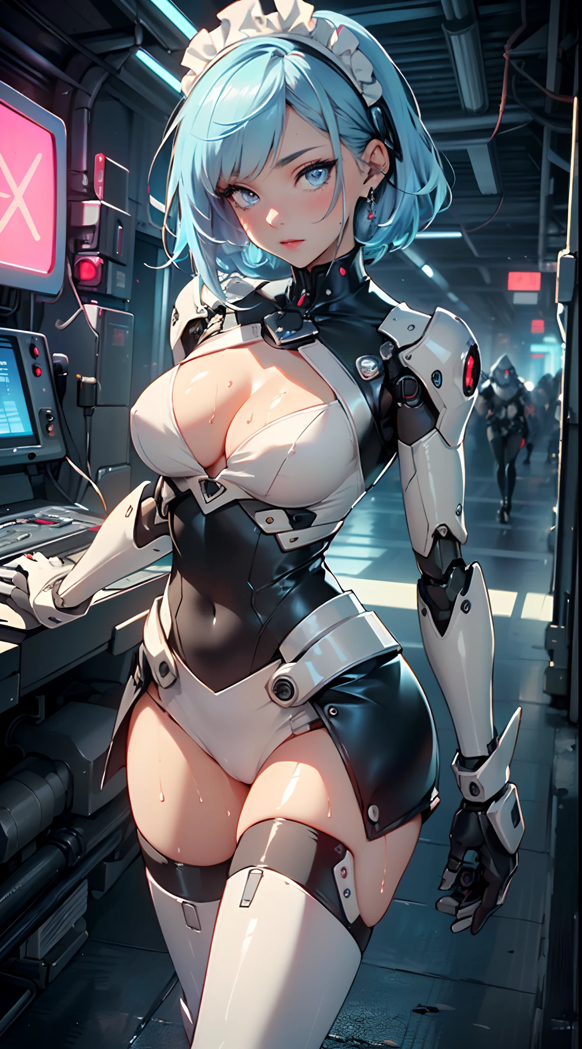reelmech,(cyborg girl),(cyborg girl:1.5),maid android,(((1girl))),((mechanical robot girl with extremely cute and beautiful pale blue hair)),
(large breasts:1.4),saggy breasts,(((pale blue bob hair:1.35,colored inner hair,short hair,ear breathing))),(((doll))) ,((pale white skin,doll joints:1.5,mechanical hands:1.5)),((silver armored dress,tesla coils)),((maid mechanical doll:1.5,body of a machine:1.5,metallic skin,ball joint,cyborg:1.5, robotic parts:1.5,robot:1.5,mechanical joints: 1.4,mechanical limbs)),(((pale_blue_eyes:1.3))),intricate eyes,beautiful detailed eyes,symmetrical eyes,((fat)),(((lustrous skin:1.5,bright skin: 1.5,shiny skin,very shiny skin,shiny body,plastic glitter skin,exaggerated shiny skin,illuminated skin, wet legs))),(spider lower abdomen,narrow waist,wide hip,detailed body,(detailed face)),
cute,slutty,seductive,erotic,(((nsfw))),
(maid headdress),bare_shoulders,delicate metal decorations,Headdress,(maid),sleeveless,miniskirt,boots,cleavage_cutout,bare_legs,((wet clothes,intricate outfit,intricate clothes,intricate details)),
(dynamic pose:1.0),embarrassed,(centered,scale to fit dimensions,Rule of thirds),
cyberpunk city by the ocean at night, with bright neon signs and dark stormy clouds and puddles, scenery:1.25,
artistic photography,(photography taken by sldr),highres, sharp focus, (ultra detailed, extremely detailed), (photorealistic artwork:1.37),(extremely detailed CG unity 8k wallpaper),((synthwave background theme)),(((vibrant colors))),(intricate background),(masterpiece),(best quality),