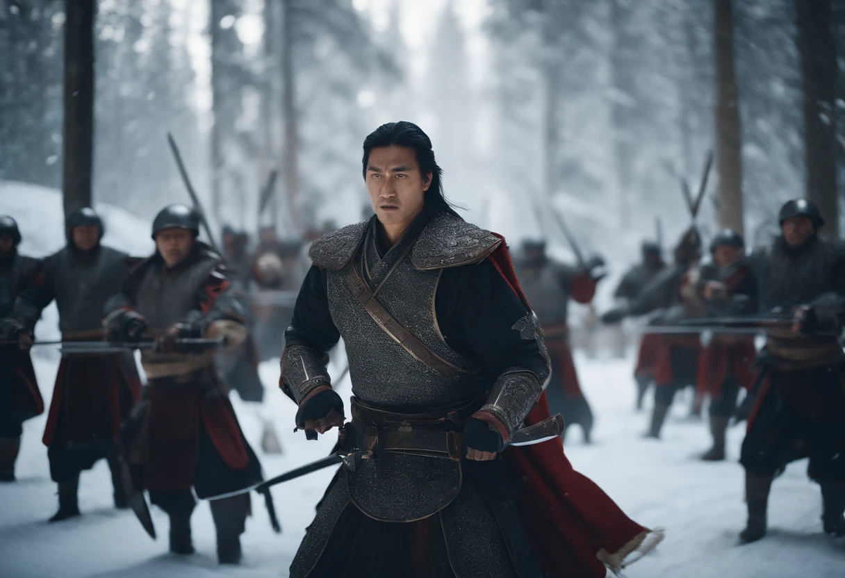 Super wide angle shot, POV, a male warrior fighting on a group of soldiers, black mech, long hair, two swords, Chinese fairy tale, martial arts style, snow scene, motion painter, breathtaking moment, Vray, Unreal Engine 5, film lighting, particles, bokeh, realistic PVC textures