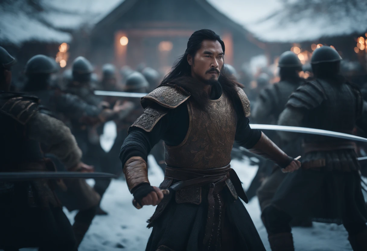 Super wide angle shot, POV, a male warrior fighting on a group of soldiers, black mech, long hair, two swords, Chinese fairy tale, martial arts style, snow scene, motion painter, breathtaking moment, Vray, Unreal Engine 5, film lighting, particles, bokeh, realistic PVC textures