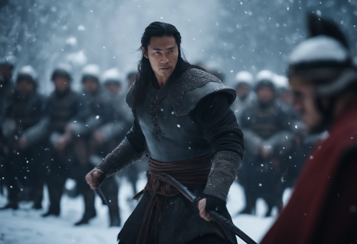 Super wide angle shot, POV, a male warrior fighting on a group of soldiers, black mech, long hair, two swords, Chinese fairy tale, martial arts style, snow scene, motion painter, breathtaking moment, Vray, Unreal Engine 5, film lighting, particles, bokeh, realistic PVC textures