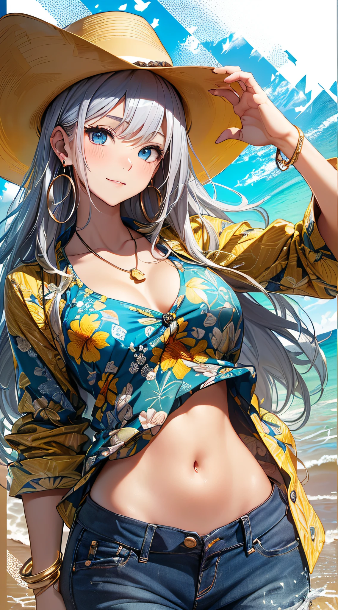 top-quality、Top image quality、masterpiece、girl with((18year old、 Beautiful Aloha Shirts、White navel tank top、Black vest、Blue long trousers、Best Bust、Bust 85、a blond、Semi-long、Cowboy Hat、Blue eyes、open chest wide、Valley、Happiness、A slender、Shy face、Gold Earrings、Silver keychain at waist....、Seduction poses、reaching out her hands、Straighten your back))hiquality、Beautiful Art、Background with((Beautiful sunny beaches in Hawaii))、masutepiece、Elaborate design、visualart
