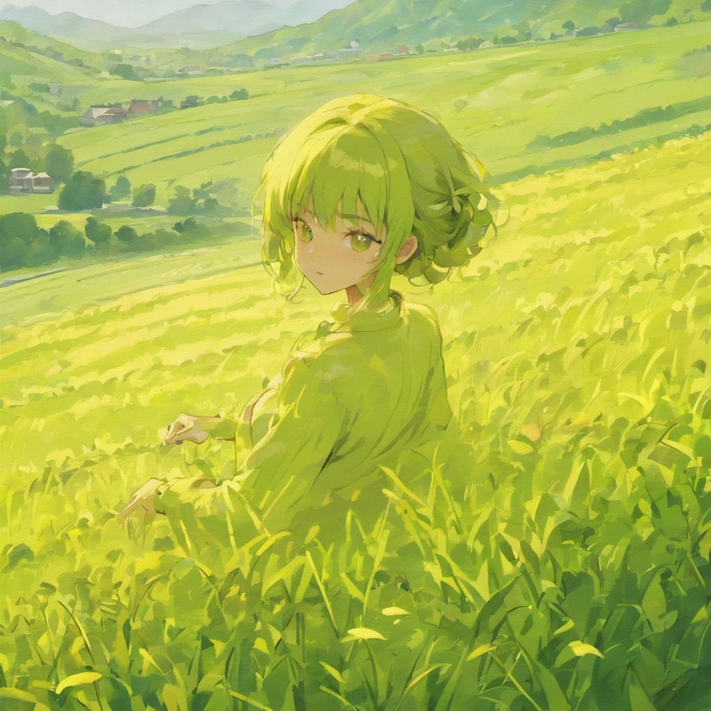 The painting shows the yellow-green field.,Red Tile House,There is a river flowing through it.,The atmosphere is spectacular.,White & Green,Charming big breasts,Precise and meticulous,The organic lines flow of Art Nouveau,(NOhumans)