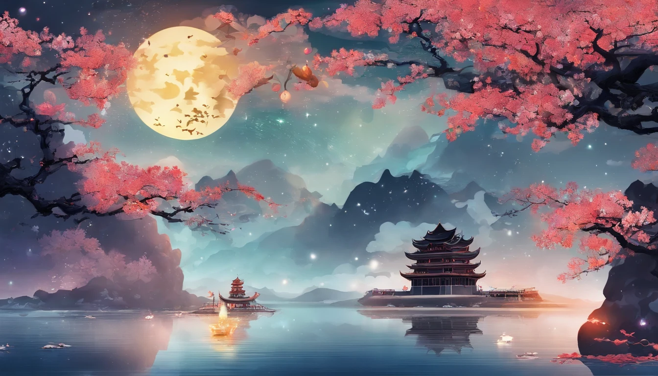 That mysterious night recently,
In the twilight
It is the most romantic picture
That dark night
A moon inlaid with tenderness
Illuminates the surrounding clouds
This dark night cloud
It is a mural painting of the Mogao Caves
Cleansing the inner stream
Take a sip of osmanthus wine,
That osmanthus was not cut by Wu Gang
Make a poem to chant the Mid-Autumn Festival
Can that poem make Chang'e smile?
The silent and deep Guanghan Palace
You may wish to take in the displaced people of the world