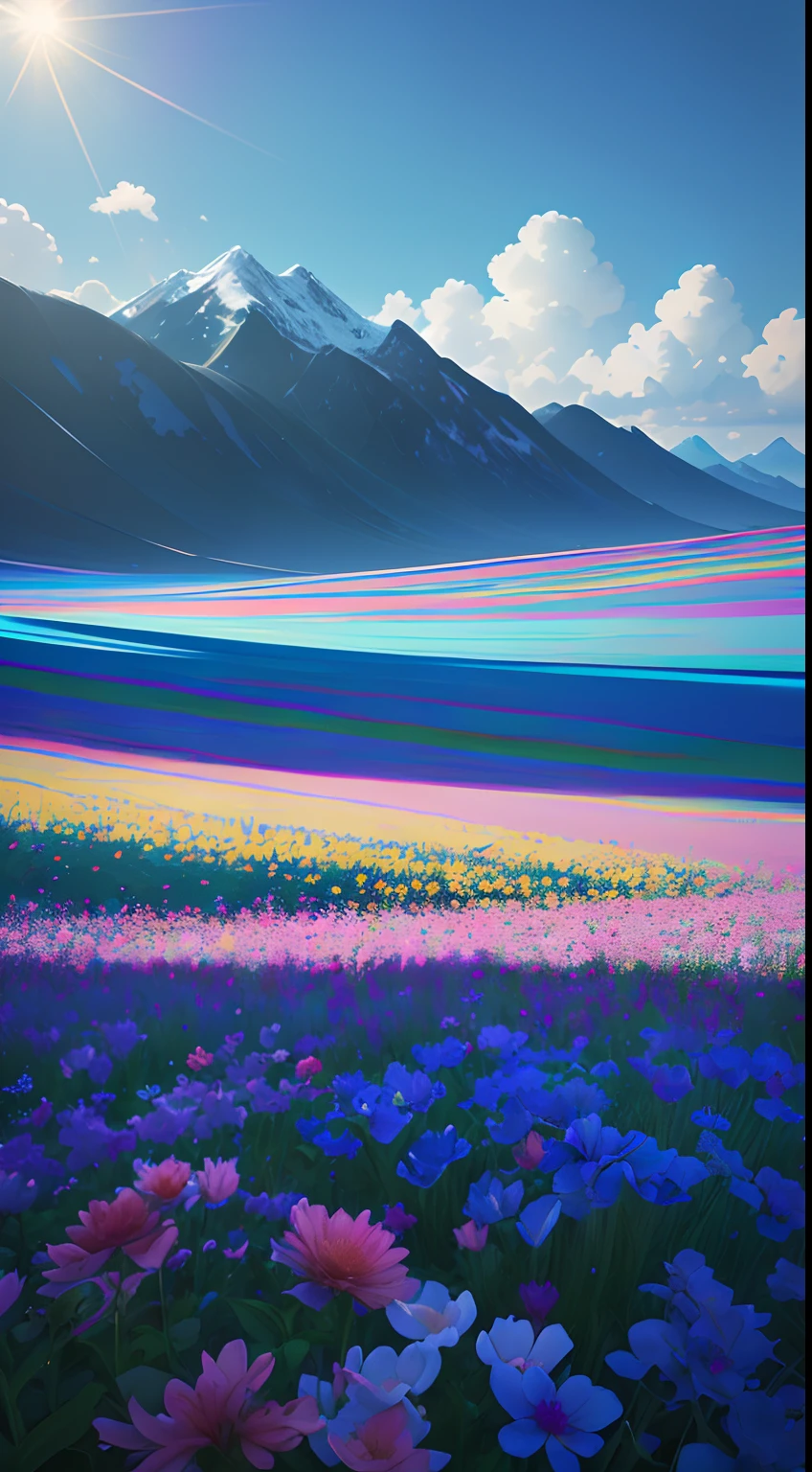 vibrant blue tinted colors, skyscraper, highly saturated colors, Fujifilm Fujichrome Provia 100F film, flower field, purity and dreamy symbolism, (muted colors:1.2), (photon mapping), octane render + hyper realistic, storage, (8k), hdr, sunny,