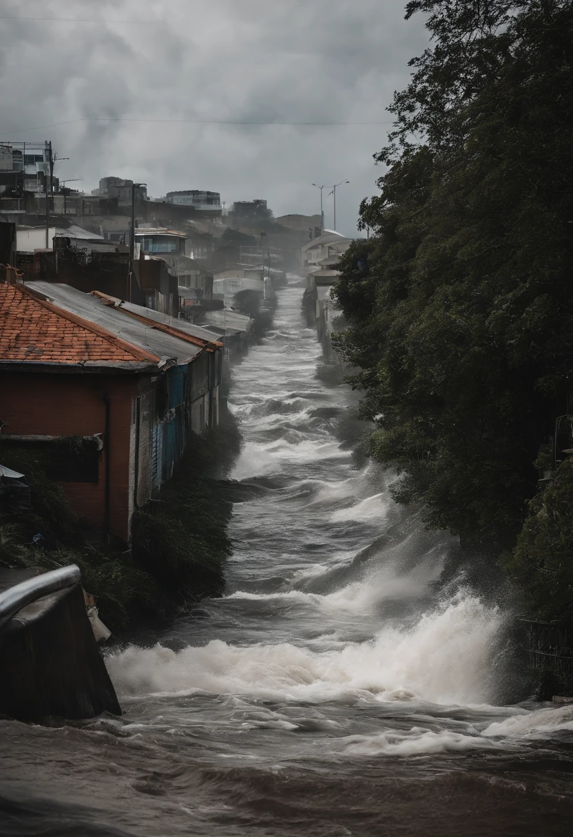 Underground water pipes，industrial pollution，Sewage discharge，Waterspout，Maremotos，tornado，bao phan，mar de swell，armagedom，Onda Grande，Ruin，interromper，，Lagos，high water level，sem fundo，The run-down city creates a cinematic apocalyptic cityscape