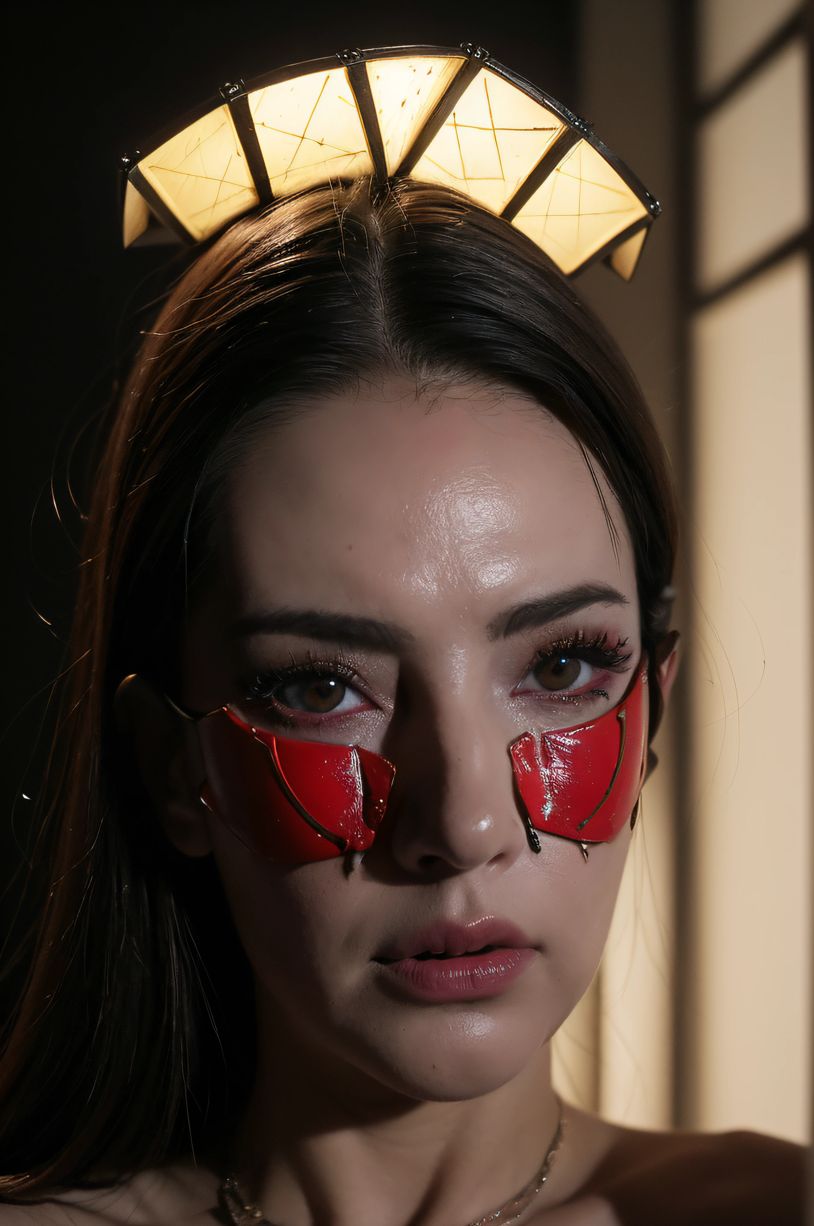 "(The best lighting, oscuro, dramatic),(Mujer, robot, Hellraiser, triste, Cicatrices, , sexy, cerebro, sangre, una rata dentro de la cabeza, Horror mask.),(ojos rojos, calaveras). morning light.
