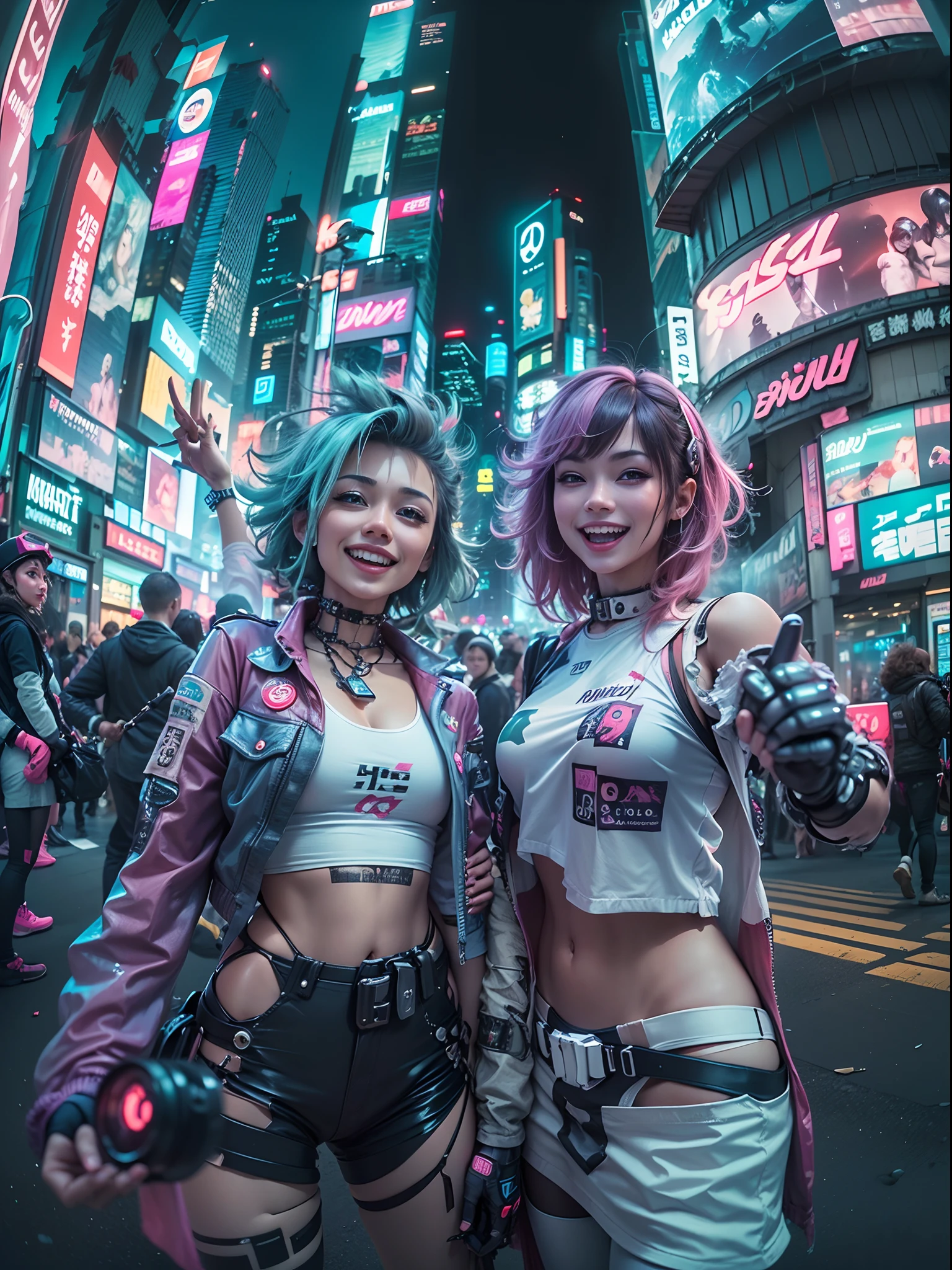 ((2 cyberpunk girls wearing Harajuku tech outfits), (fisheye lens), selfie, cowboy shot, wind, messy hair, cyberpunk cityscape, (aesthetics and atmosphere:1.2),smiling, laughing