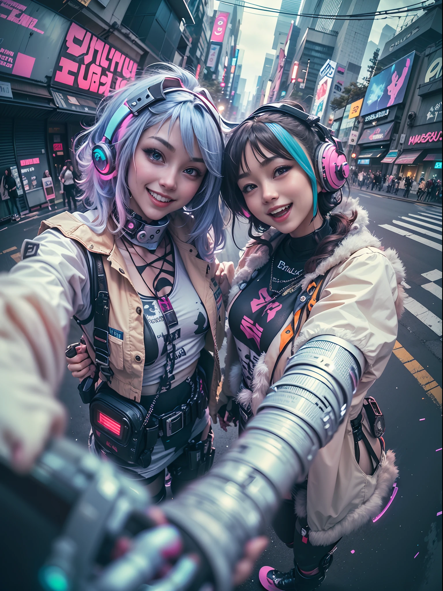 ((2 cyberpunk girls wearing Harajuku tech outfits), (fisheye lens), selfie, cowboy shot, wind, messy hair, cyberpunk cityscape, (aesthetics and atmosphere:1.2),smiling, laughing