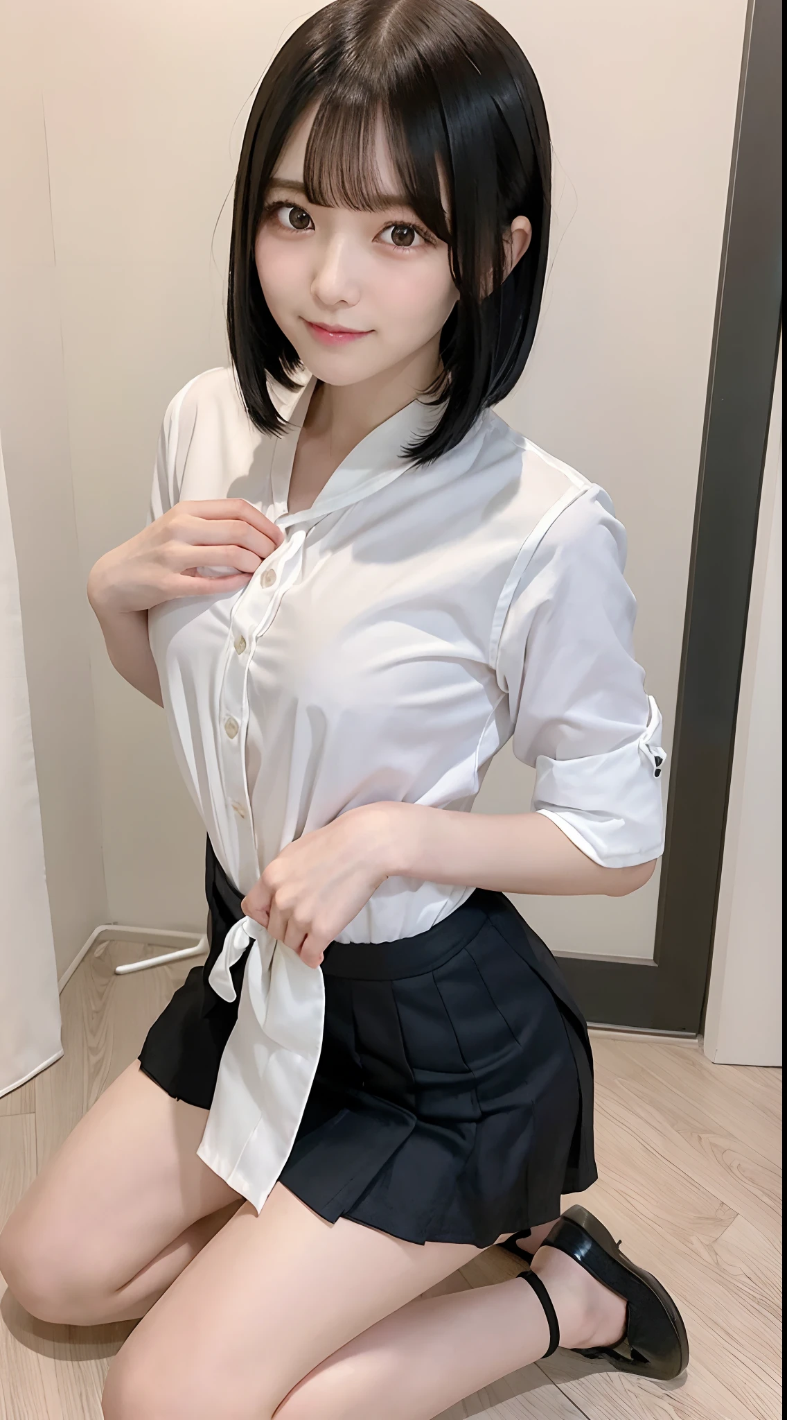 Bedrooms , 1 girl in, (JK Fashion:1.2), childhood friend, kawaii,, Cute, Smile, (Loose tie:1.2),, Thin thighs, White School Shirt, The third button from the top of the shirt is undone., 鎖骨, (ssmile:1.3), slender, Mini skirt, (Breast bulge, The beginning of cleavage:1.),  (, , Open mouth, Kneeling, :1.5)High resolution, masutepiece, Ultra-detailed, Black hair, bob cuts