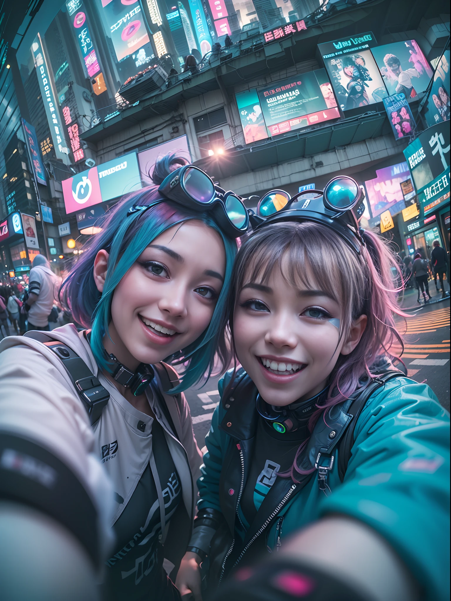 ((2 cyberpunk girls wearing Harajuku tech outfits), (fisheye lens), selfie, cowboy shot, wind, messy hair, cyberpunk cityscape, (aesthetics and atmosphere:1.2),smiling, laughing
