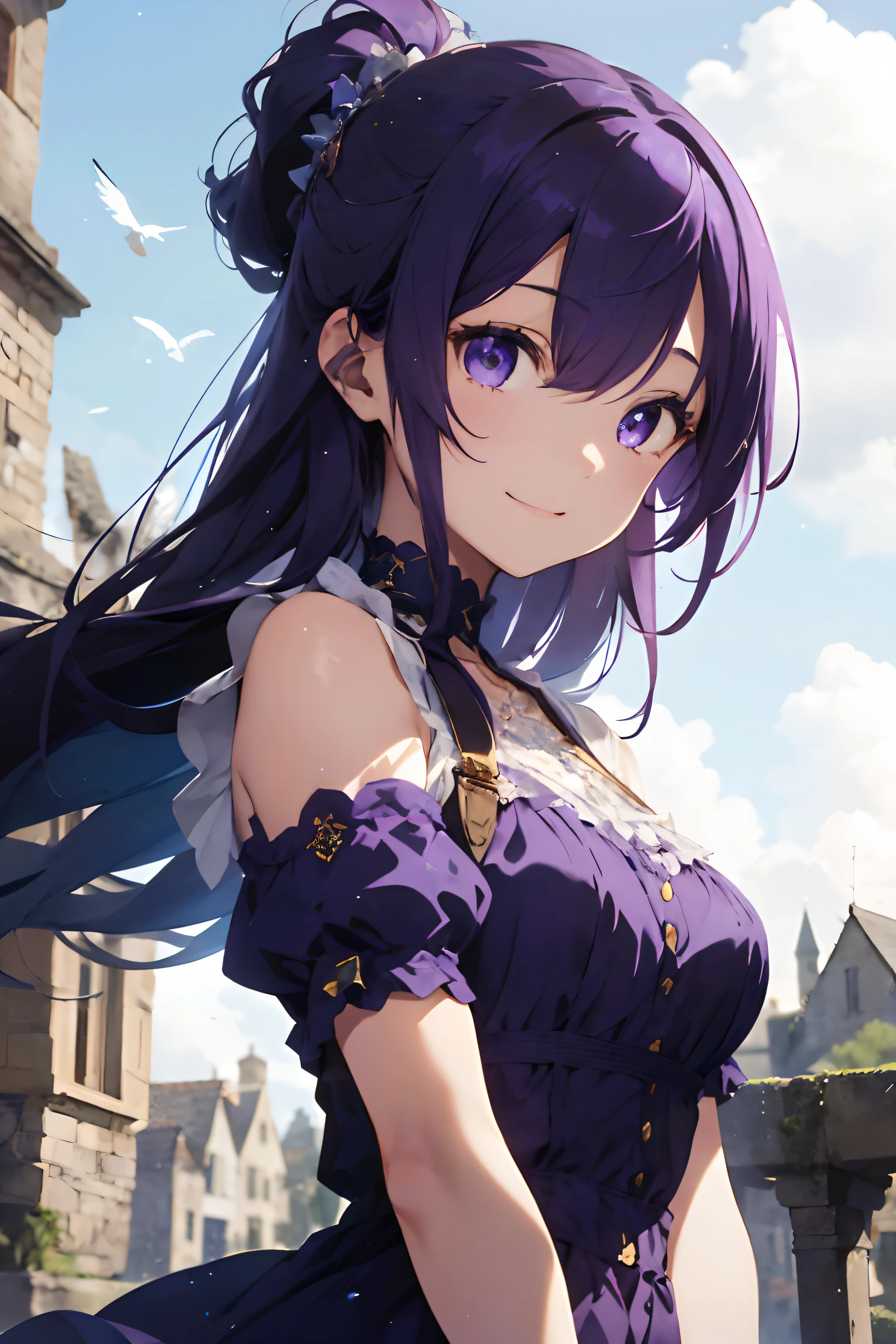 Beautiful fece, ​masterpiece, top-quality, hiqcgbody, animesque, 1girl in, Medium chest,  portrait shot, Look at viewers, wetted skin, intricate detailes,>,((coverd)a closeup, straight-on, adult lady,Very long hair swaying in the wind、 The chest is fluttering、Princess in white and purple dress.:1.4、Purple hair、Her eyes shone like dreamy stars(radiant eyes:1.233)、(beautifully detailed eyes:1.1)、The background is fixed inside an old medieval castle、[[Delicate fingers and hands:0.55]::0.85]、(detail finger)、Purple eyes、Purple hair　Smiling and waving