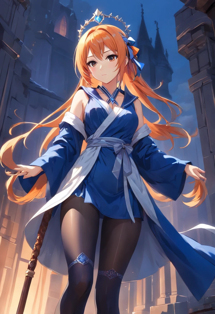 masterpiece, ultra detailed, 8k portrait, RAW photo, portrait photography, highly detailed face, beautiful and meticulous eyes, ((Fantasy)), Young beautiful, 22 years old, dynamic pose, (((expressionless))), (((Long Straight silver hair))), (((one side braided with orange hair ribbon))), blunt bangs, White skin color, ((silver tiara)), Luxury, (((silver Silk Long Cloak))), (((Gorgeous Deep blue long robe))), leather corset, (((dark thigh high tights))), high cut leather boots, ((lift up long magical staff)), Midday Sun, hyper realistic, Body model, Small breasts, Beautiful breasts, Long legs, in the castle, Ambient lighting, Shadow details , Camera focus on thigh, strong breeze, Light fog