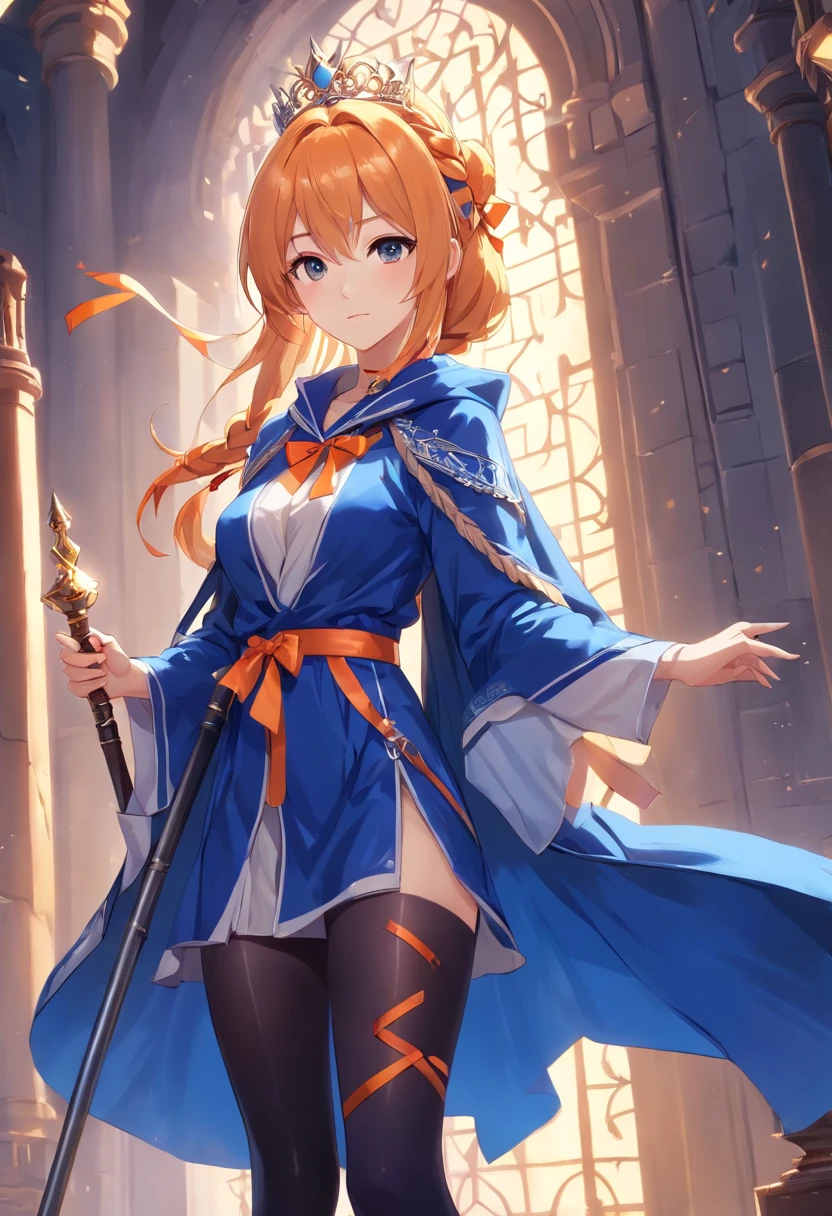 masterpiece, ultra detailed, 8k portrait, RAW photo, portrait photography, highly detailed face, beautiful and meticulous eyes, ((Fantasy)), Young beautiful, 22 years old, dynamic pose, (((expressionless))), (((Long Straight silver hair))), (((one side braided with orange hair ribbon))), blunt bangs, White skin color, ((silver tiara)), Luxury, (((silver Silk Long Cloak))), (((Gorgeous Deep blue long robe))), leather corset, (((dark thigh high tights))), high cut leather boots, ((lift up long magical staff)), Midday Sun, hyper realistic, Body model, Small breasts, Beautiful breasts, Long legs, in the castle, Ambient lighting, Shadow details , Camera focus on thigh, strong breeze, Light fog