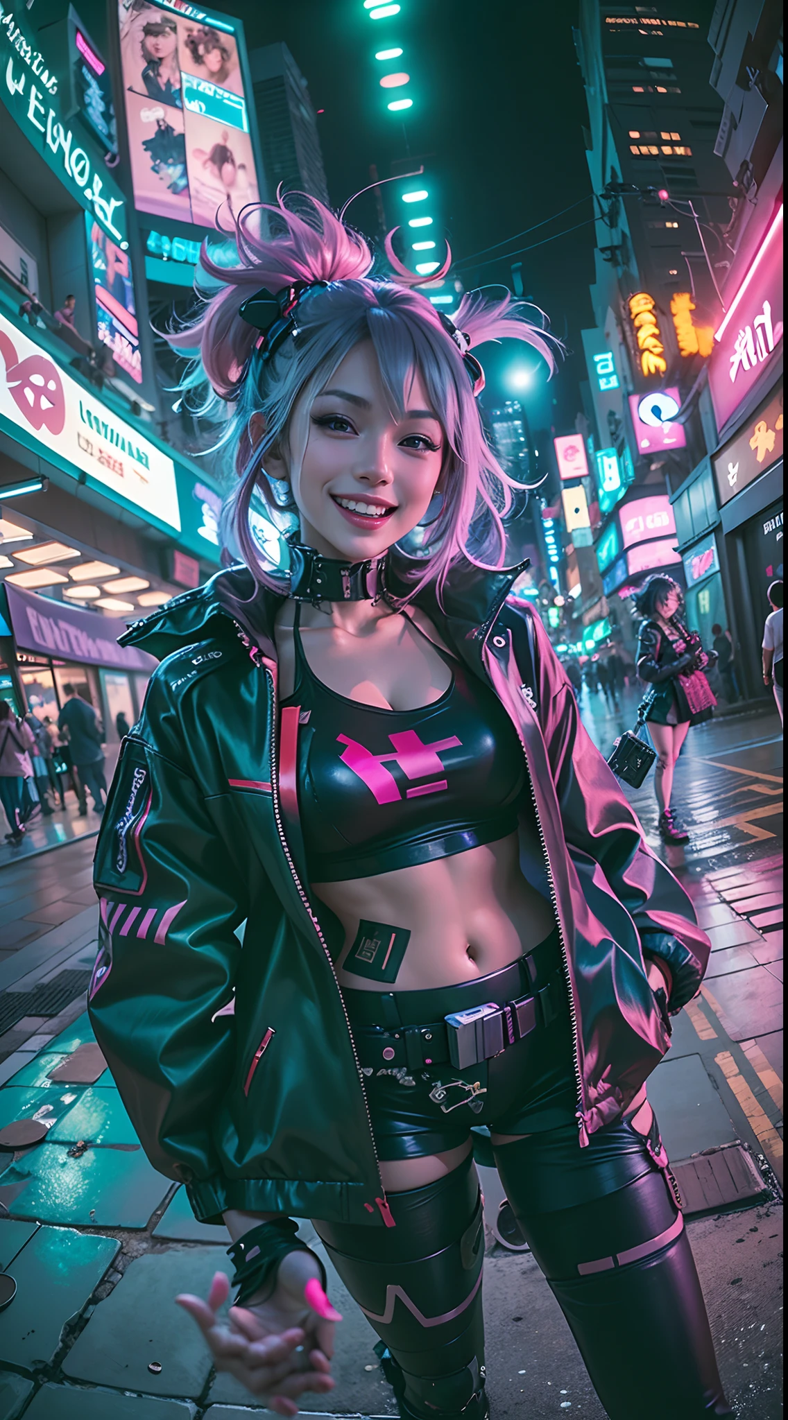 ((2 cyberpunk girls wearing Harajuku style pop outfit)), ((fisheye lens)), selfie, cowboy shot, wind, messy hair, cyberpunk cityscape, (aesthetics and atmosphere:1.2), smiling, laughing