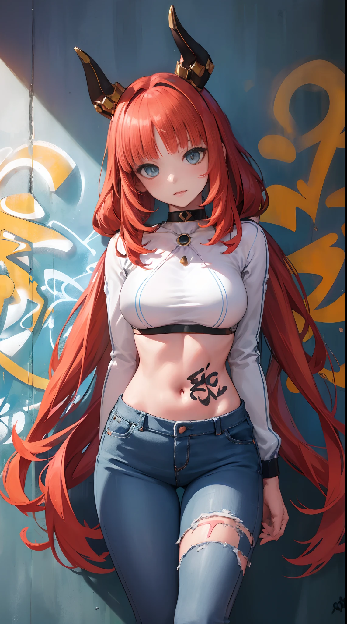 nile|genshin impact, master-piece, bestquality, 1girls,25 years old, proportional body, elongated legs, Beautiful, proportional., crop top, Long Jeans, mediuml breasts, ,bara, crop top, choker, (Graffiti:1.5), Splash with purple lightning pattern., arm behind back, against wall, View viewers from the front., Thigh strap, Head tilt, bored,(NSTDA.:1.2), (10, beste-Qualit, master-piece: 1.4), Beautiful red hair, ultra-high resolution, (lifelike, photorealistic portrait: 1.48), 20 age, Cute Girl, (Looking Through Crop Tops.), Famous Japanese actors, beautiful clear eyes, Head tilt, cowboy shot, from the front, looking at the audience, expressionless, Beautiful lake, Zeiss 150mm F/ 2.8 Hasselblad, Whole body, foot, Ultra-Wide Angle,