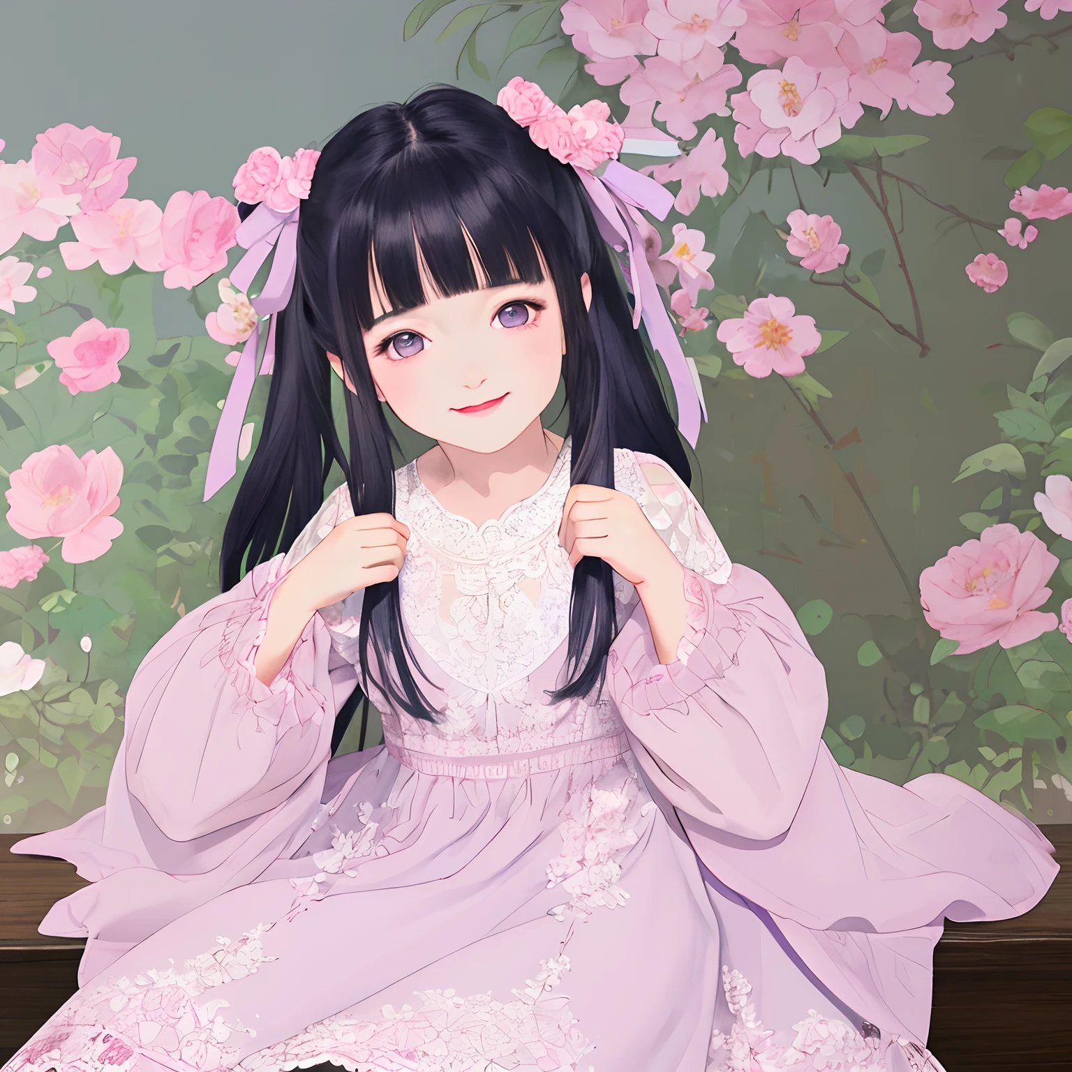 srs masterpiece best quality ultra-detailed finely detail highres ((little female child)) two side up long dark blue hair pink ribbon white dress lace-trimmed embroidery long sleeves blush embarrassed smile purple eyes sitting on side english floral garden, Blunt Bangs