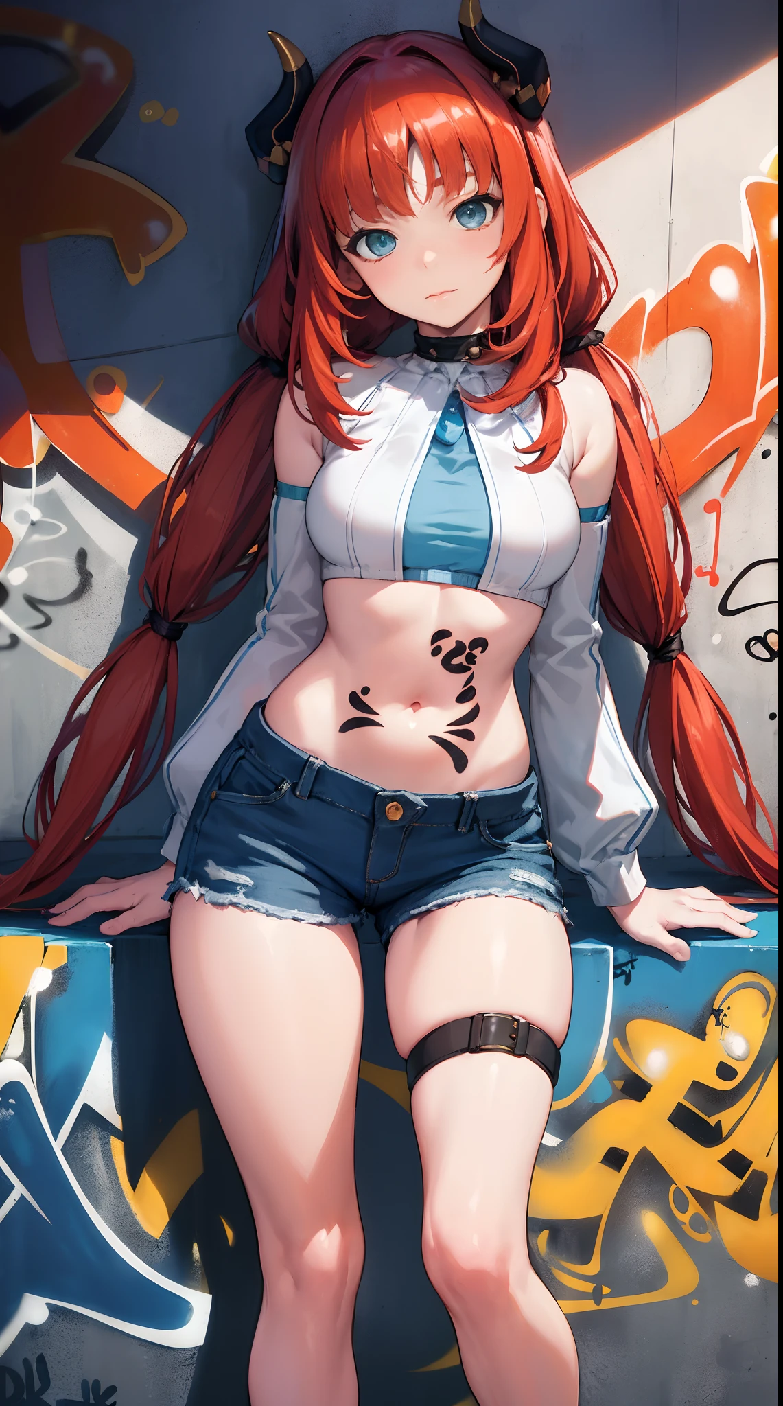nile|genshin impact, master-piece, bestquality, 1girls,25 years old, proportional body, elongated legs, Beautiful, proportional., crop top, Long Jeans, mediuml breasts, ,bara, crop top, choker, (Graffiti:1.5), Splash with purple lightning pattern., arm behind back, against wall, View viewers from the front., Thigh strap, Head tilt, bored,(NSTDA.:1.2), (10, beste-Qualit, master-piece: 1.4), Beautiful red hair, ultra-high resolution, (lifelike, photorealistic portrait: 1.48), 20 age, Cute Girl, (Looking Through Crop Tops.), Famous Japanese actors, beautiful clear eyes, Head tilt, cowboy shot, from the front, looking at the audience, expressionless, Beautiful lake, Zeiss 150mm F/ 2.8 Hasselblad, Whole body, foot, Ultra-Wide Angle,