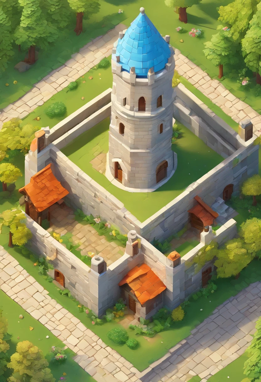 absurdres, best quality, fantasy, isometric, knolling style of (miniature brick round tower:1.2), tree, stone wall, (simple background:1.2),house