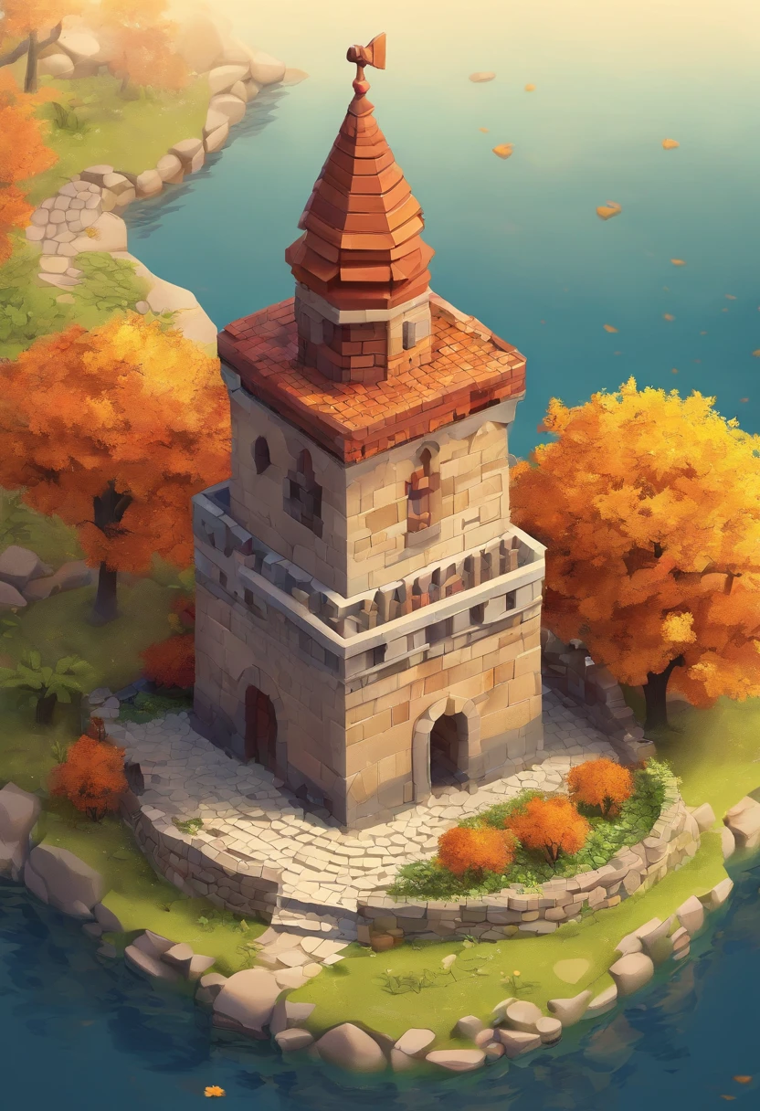 absurdres, best quality, fantasy, isometric, knolling style of (miniature brick round tower:1.2), tree, stone wall, (simple background:1.2),house