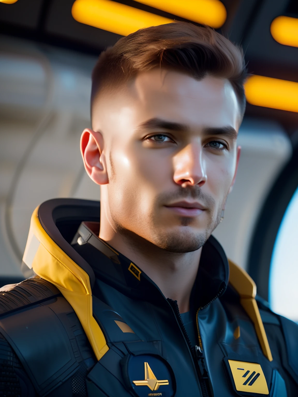fking_scifi, award-winning photo of a man, black flight suit with yellow accents, brown hair, (gray eyes:1.35), square jawline, asymmetric face, standing in front of a window on a space ship, 80mm, bokeh, mass effect, close up, fking_cinema_v2