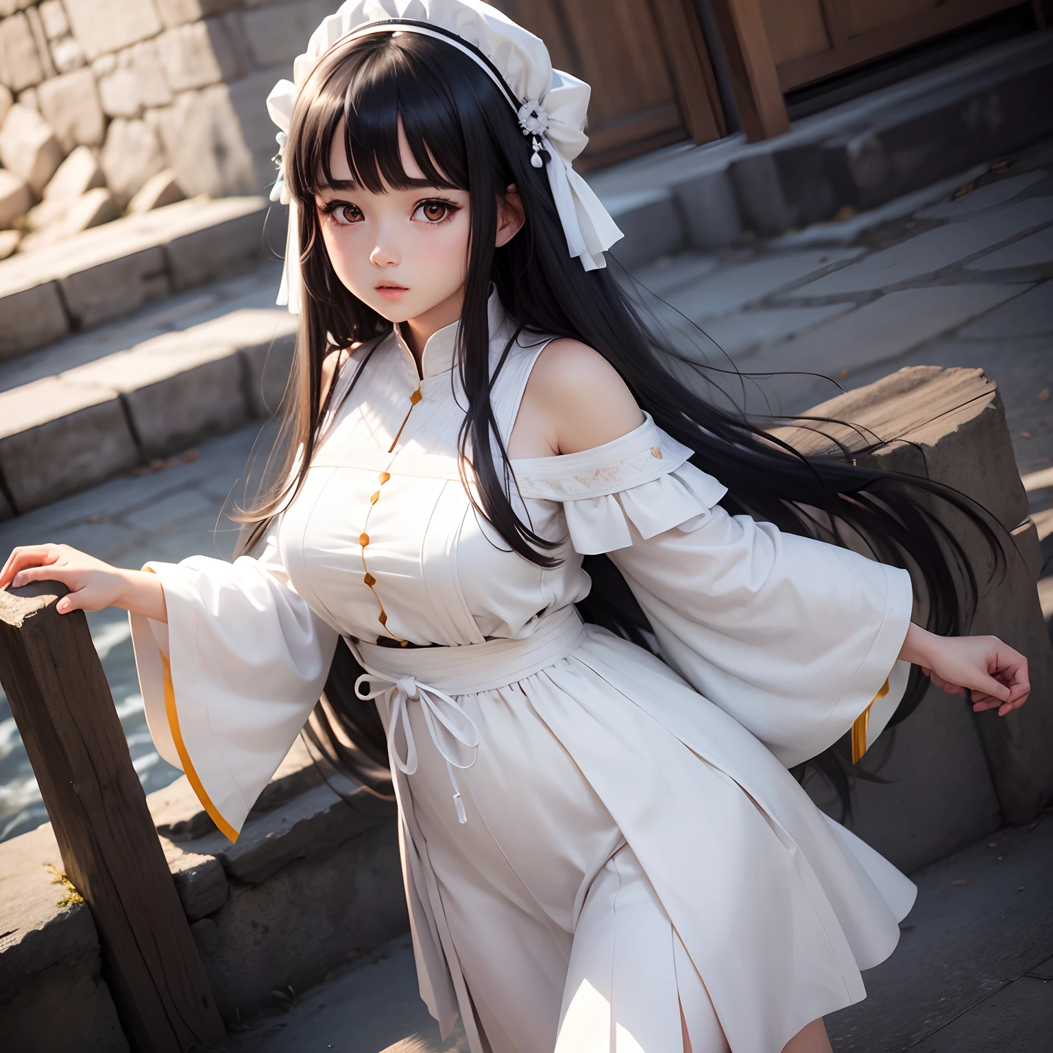 Cute anime girl, white traditional dress, open black hair, ultra realistic, 8k,