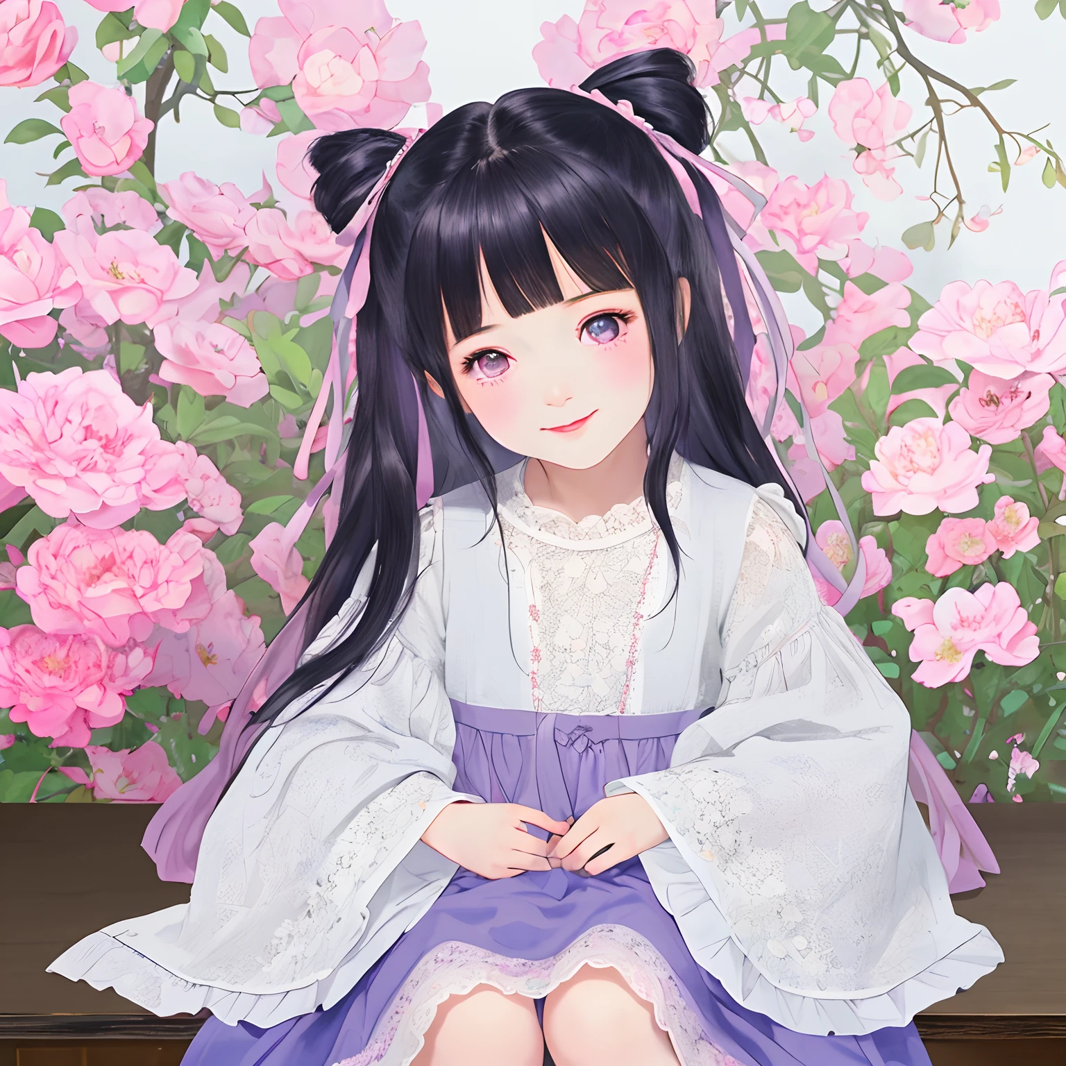 srs masterpiece best quality ultra-detailed finely detail highres (()) two side up long dark blue hair pink ribbon white dress lace-trimmed embroidery long sleeves blush embarrassed smile purple eyes sitting on side english floral garden, Blunt Bangs