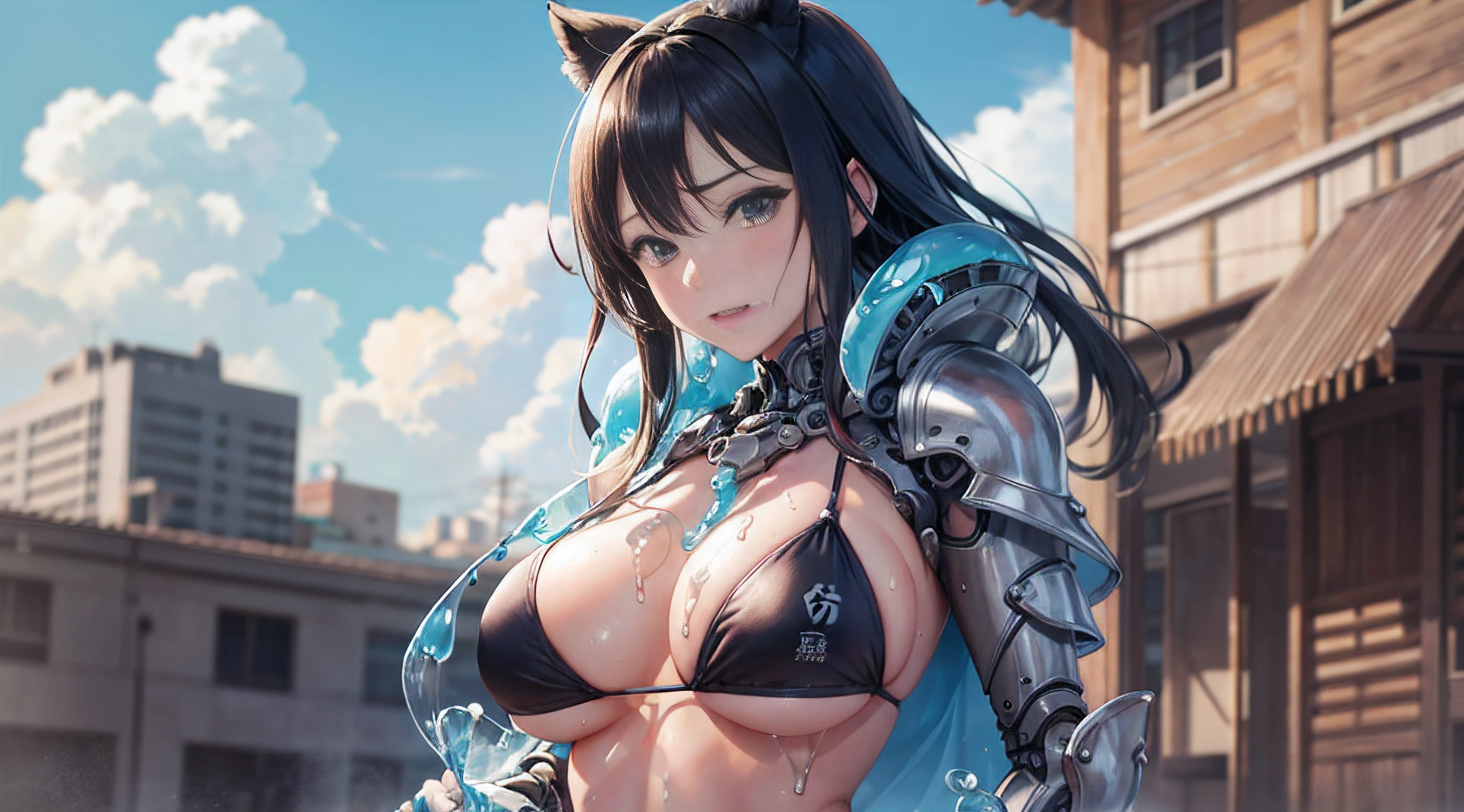 Anime characters taking pictures in bikinis, oppai, realistic bikini, biomechanical oppai, glossy wet skin!!, tensei shitara slime datta ken, Ecchi anime style, hot and sunny, Seductive Anime Girl, Chest covered, SFW, Realistic Young Gravure Idol, bikini-armor
