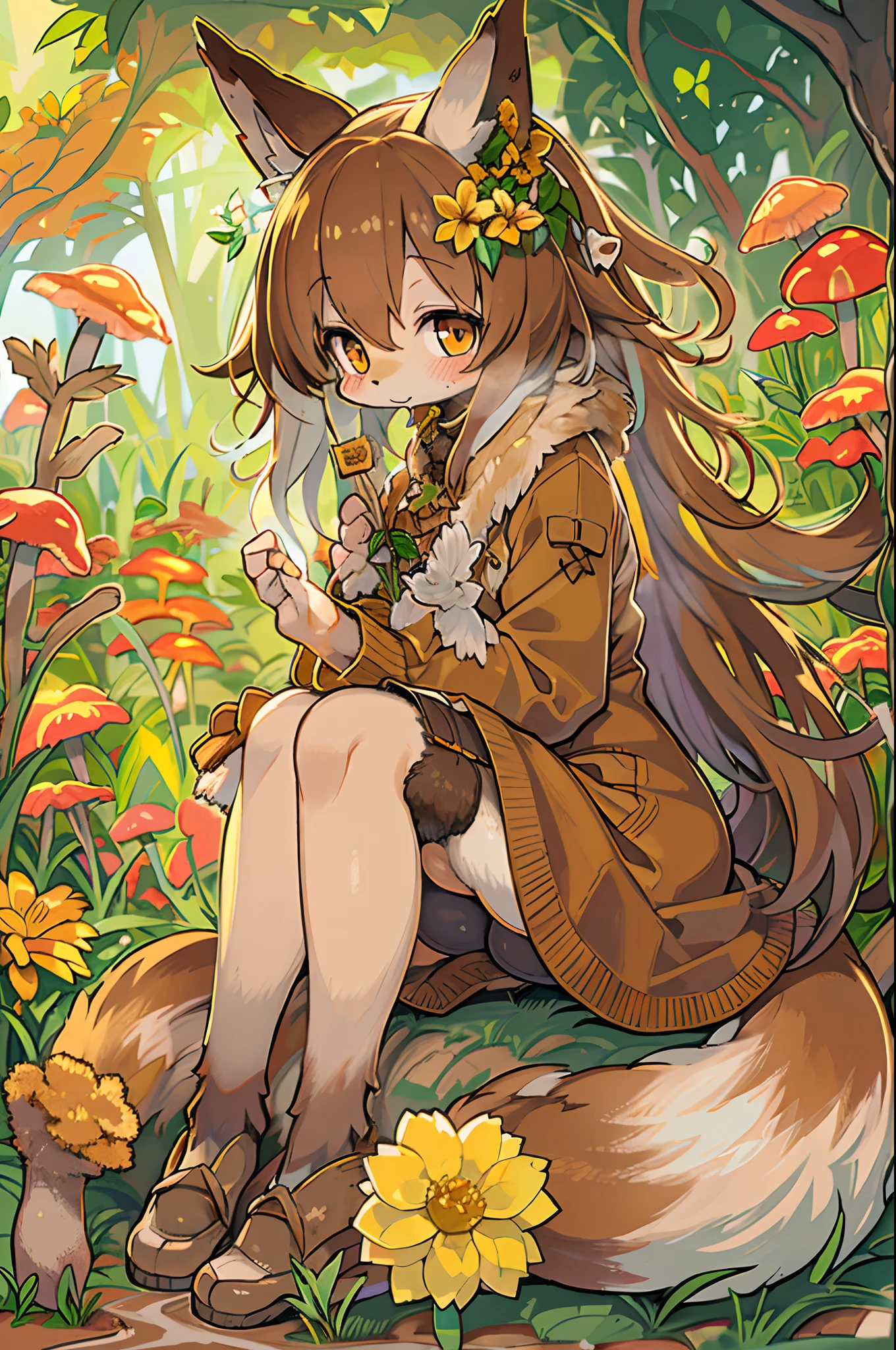 Fox, (Monster Girl), long brown ears with a dark brown inside,,,,,,, brown fur, Sunburned neck fluff, brown fluffy tail with a yellow-brown tip,,,,,,, Big brown eyes, wearing modest clothing, Sitting in the mushroom garden, masutepiece, Best Quality、autumnal,Plump
Waiting to start