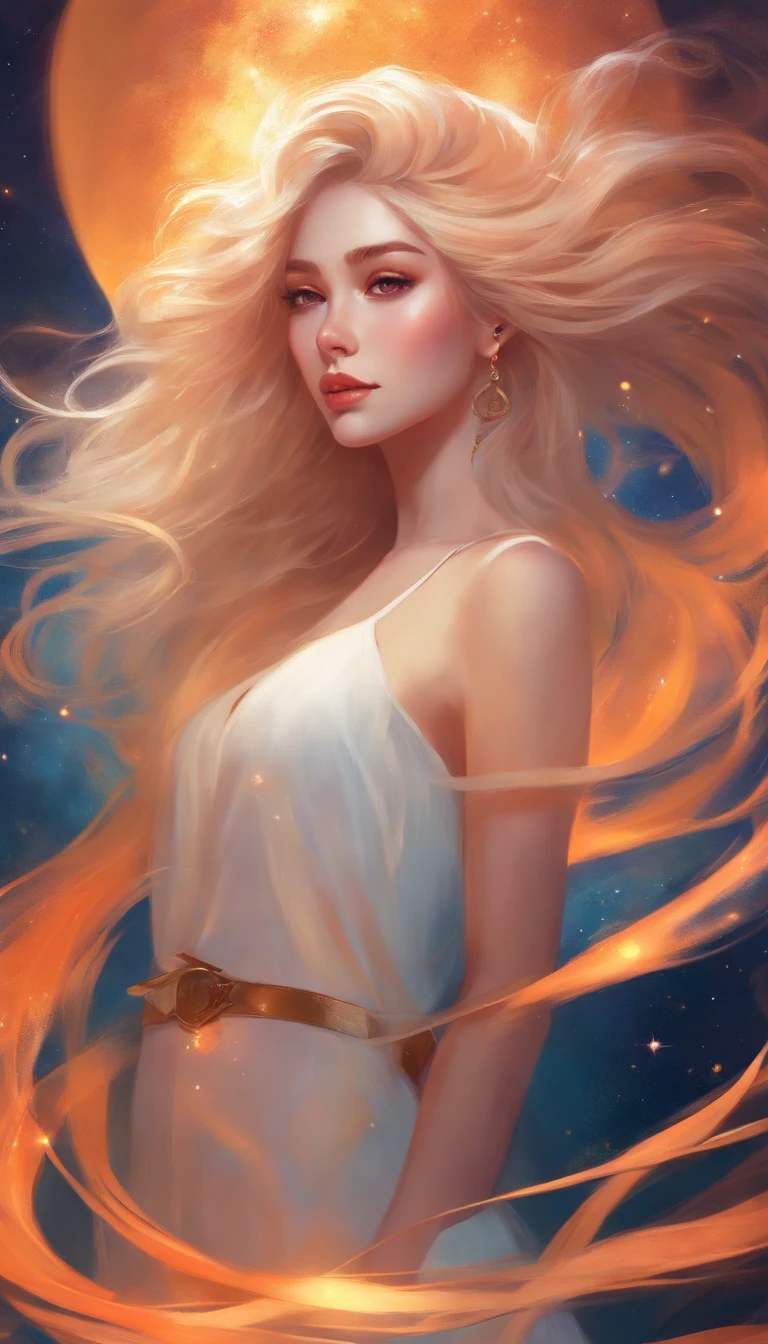 Primer plano de una mujer con cabello rubio, anime girl with cosmic hair, La suave vitalidad de Rossdraws, Ilustraciones de estilo Guvez, Fantasy art style, De color], vibrant fantasy style, Ross dibuja una caricatura llena de vitalidad, cosmic and colorful, Guweiz, Colorful Digital Fantasy Art, stunning art style, Hermoso estilo anime, Full body lighting, Aclaramiento de la piel, sexy expression