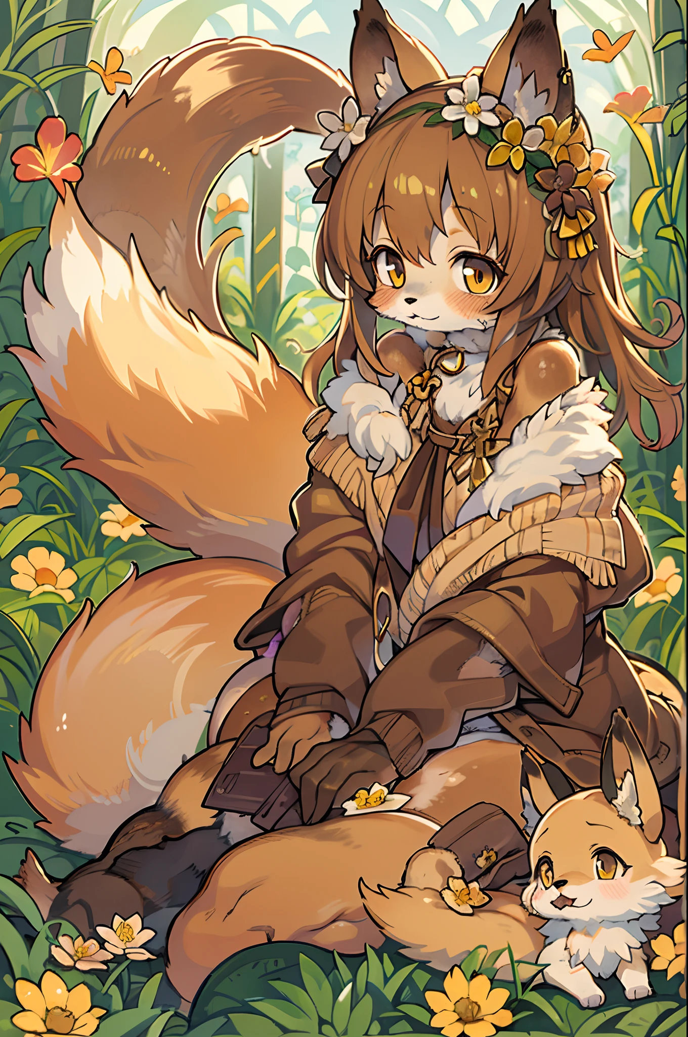 Fox, (Monster Girl), long brown ears with a dark brown inside,,,, brown fur, Sunburned neck fluff, brown fluffy tail with a yellow-brown tip,,,, Big brown eyes, wearing modest clothing, Sitting in the flower garden, masutepiece, Best Quality、autumnal、mushroom