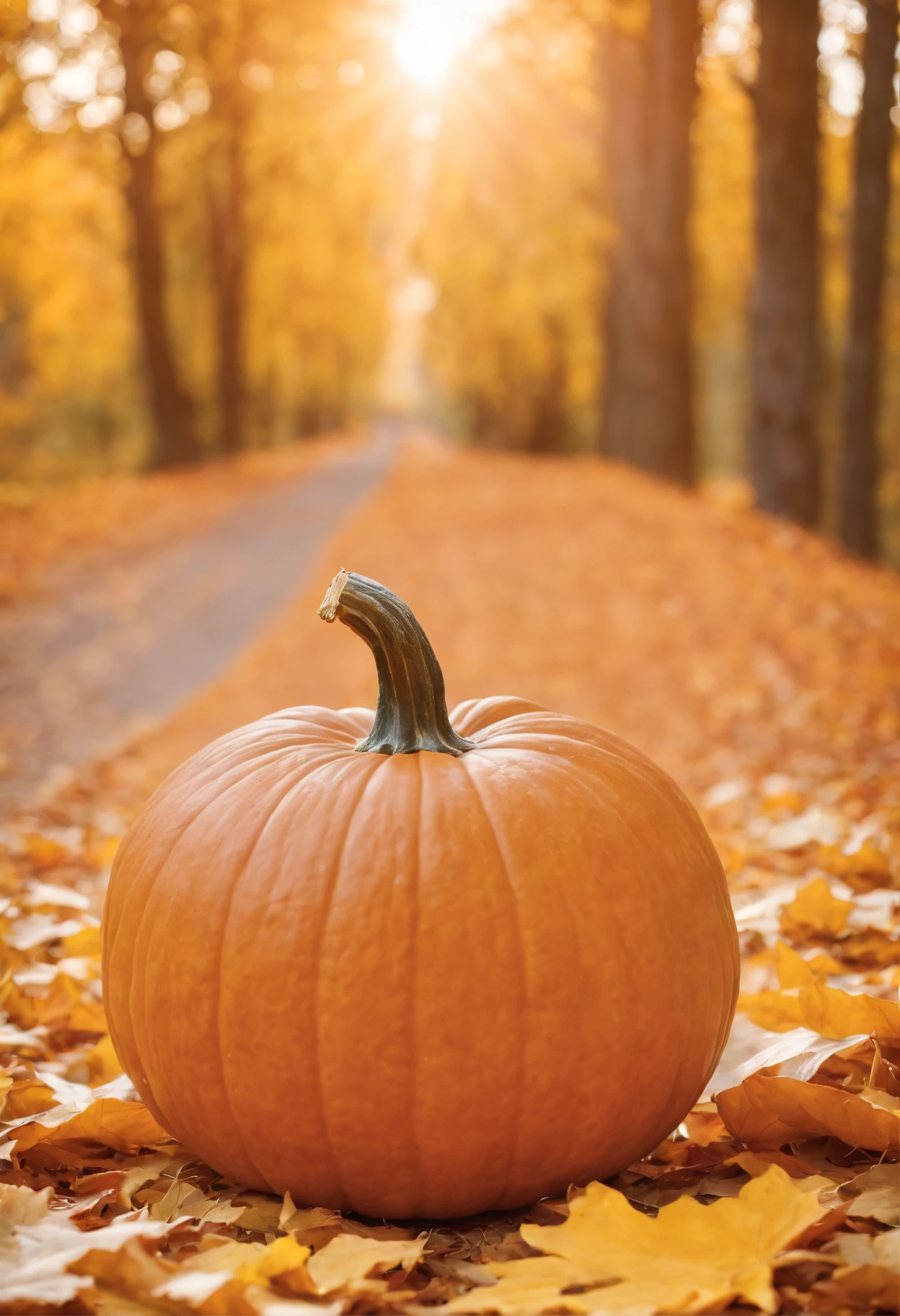 autumn, There is a large pumpkin on the path, a beautiful background, leaves, the trees, Bokeh background