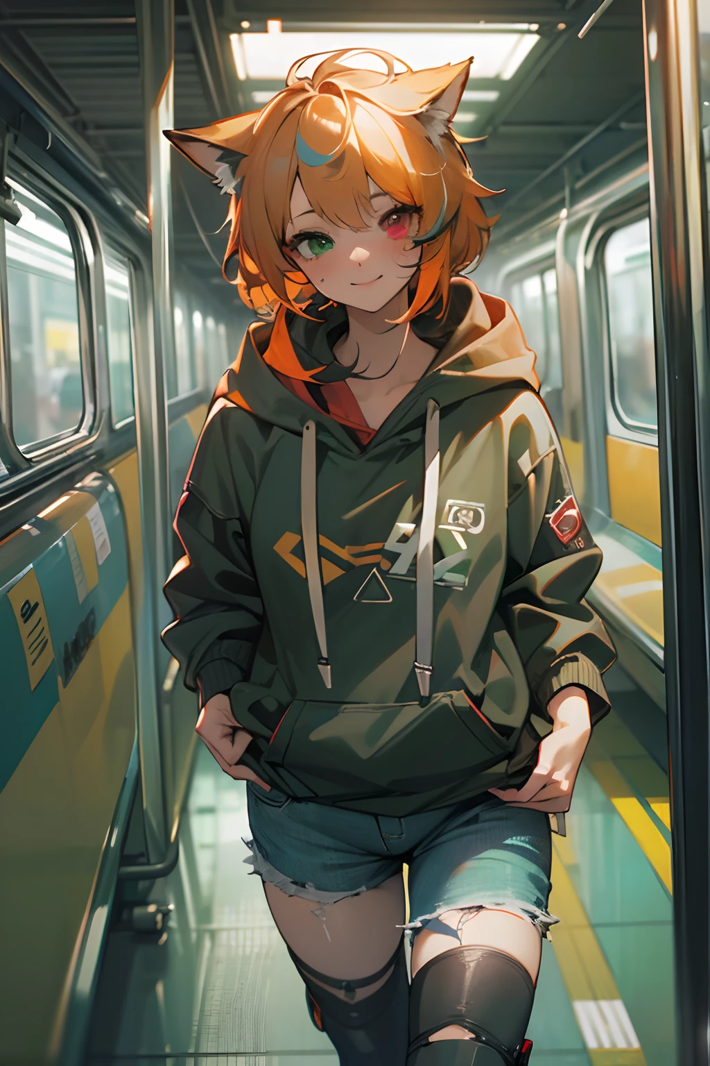 ((Masterpiece)), (High Definition:1.3), best quality, (Professional Photography, photorealistic:1.2), 8K, from above, wide shot, Textured skin, cinematic lighting, 1girl, ((heterochromia, red on right eye, green on left eye)), (Fox ears on head, walking on the train station), blush and smile face, Slender small breasts,Very messy short hair、sweaty, (Cute innocent girl), Dark green hoodie, short jeans, Pale orange hair, cyberpunk