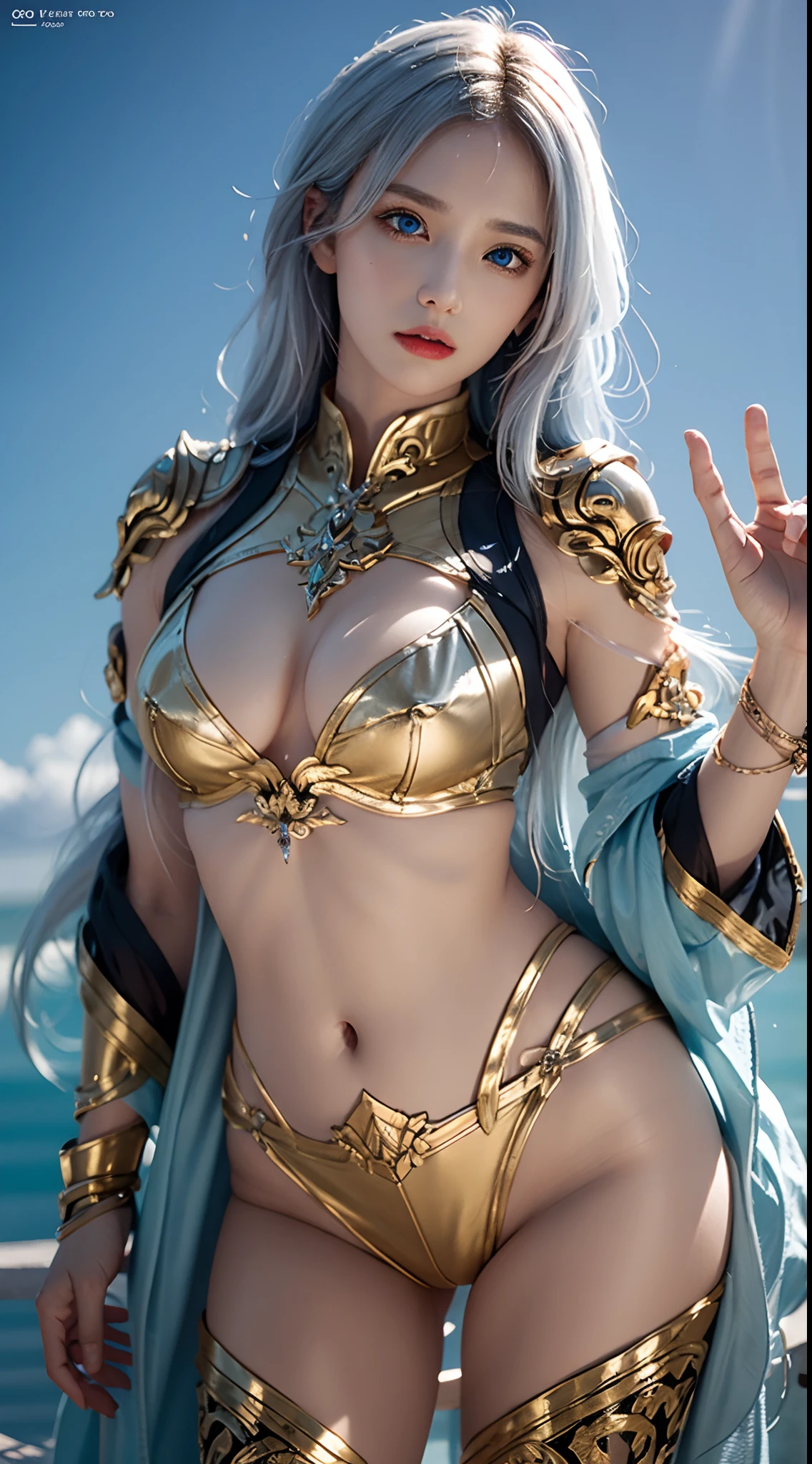 photorealistic, high resolution, soft lights, 1women, solo, hips up, look at viewer, (detailed face), blue eyes, white hair, long hair, photorealistic, masterpiece, photorealistic, high resolution, soft light, hips up, (blue eyes), starryskybackground，Wearing shiny gold armor， Sexy lingerie type armor，Expose your chest，Expose the waistline，Exposing thighs，cool-pose， Saint Seiya Armor， messy hair，high detal, Anime style, Cinematic lighting, Sparkle, god light, Ray traching, filmgrain, hyper HD, textureskin, super detailing, Anatomical correct, A high resolution，Ultra-high saturation，hight contrast，High-gloss armor，Smooth skin，Serious expressions,Dark room,