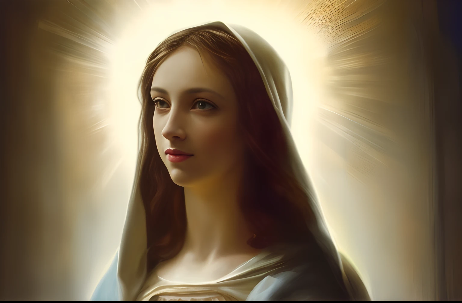 A closeup of a painting of a woman with a halo, Retrato da Virgem Maria, Virgem Maria, majestosa mulher de santo, queen of heaven, Retrato detalhado de Madonna, aura sagrada brilhante, aura santa, santo e belo, mary in a sanctuary, Retrato da Rainha da Luz, catholic religious art, pintura de bonito, brilho santo, retrato da obra-prima religiosa