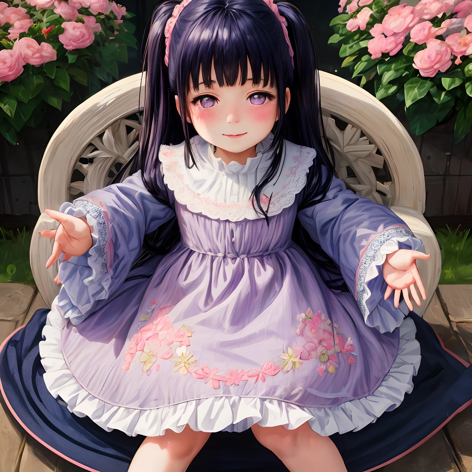 srs masterpiece best quality ultra-detailed finely detail highres (()) two side up long dark blue hair pink ribbon white dress lace-trimmed embroidery long sleeves blush embarrassed smile purple eyes sitting on side english floral garden, Blunt Bangs