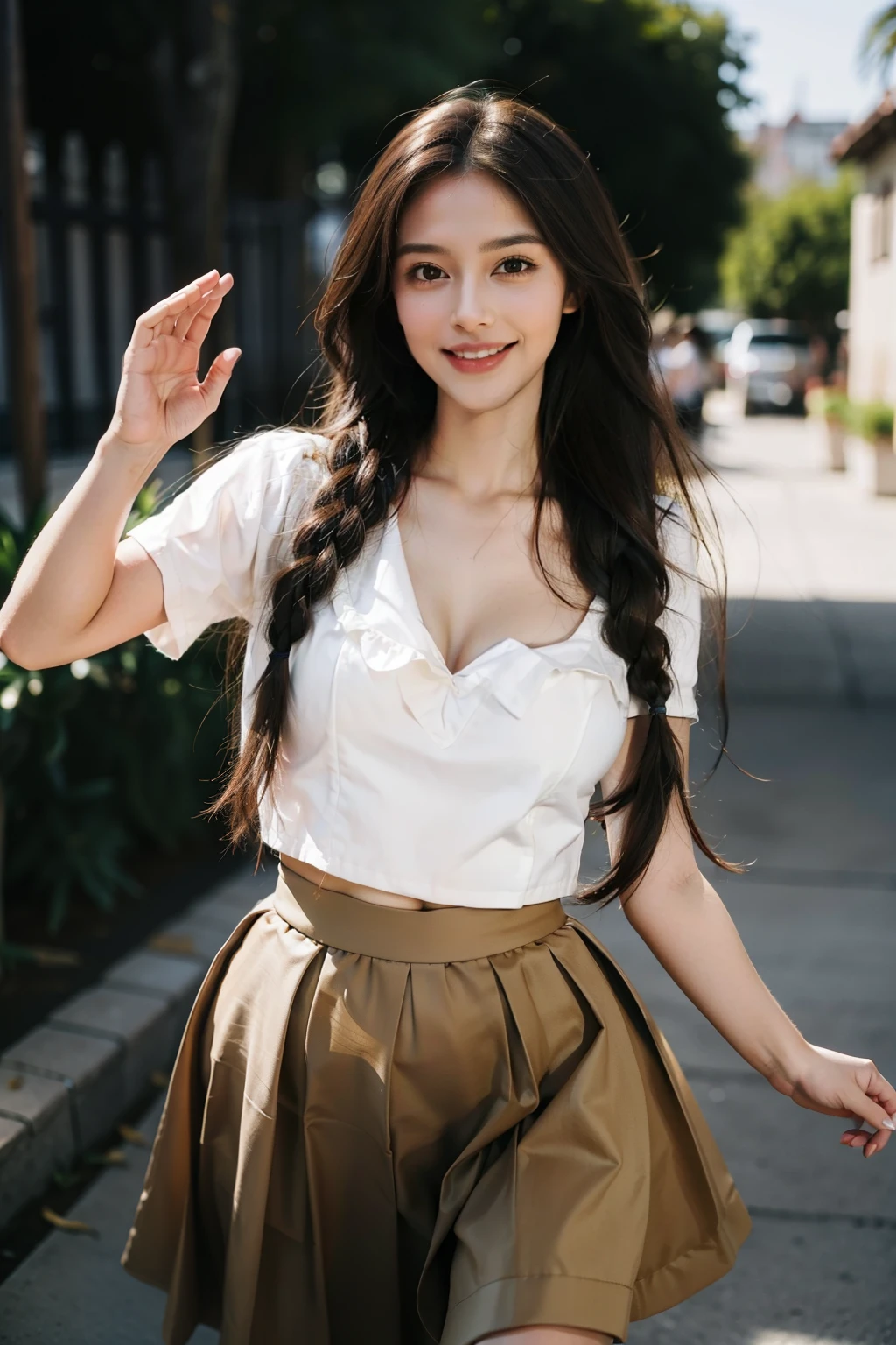 Masterpiece, Best quality, Realistic, Full-HD, 1 girl, Real girl, Long brown hair, Exercise, Braided hair, ribbon on hair, Golden eyes, Brown skin, medium boob, Happy face, Big smile, Open mouth, Traditional Mexican skirt, Pink Mexican skirt, Dynamic movements, White blouse, Short sleeves, Red high heels, dynamic dance pose, full bodyesbian, Perfect anatomy,Bigchest,cleavage
